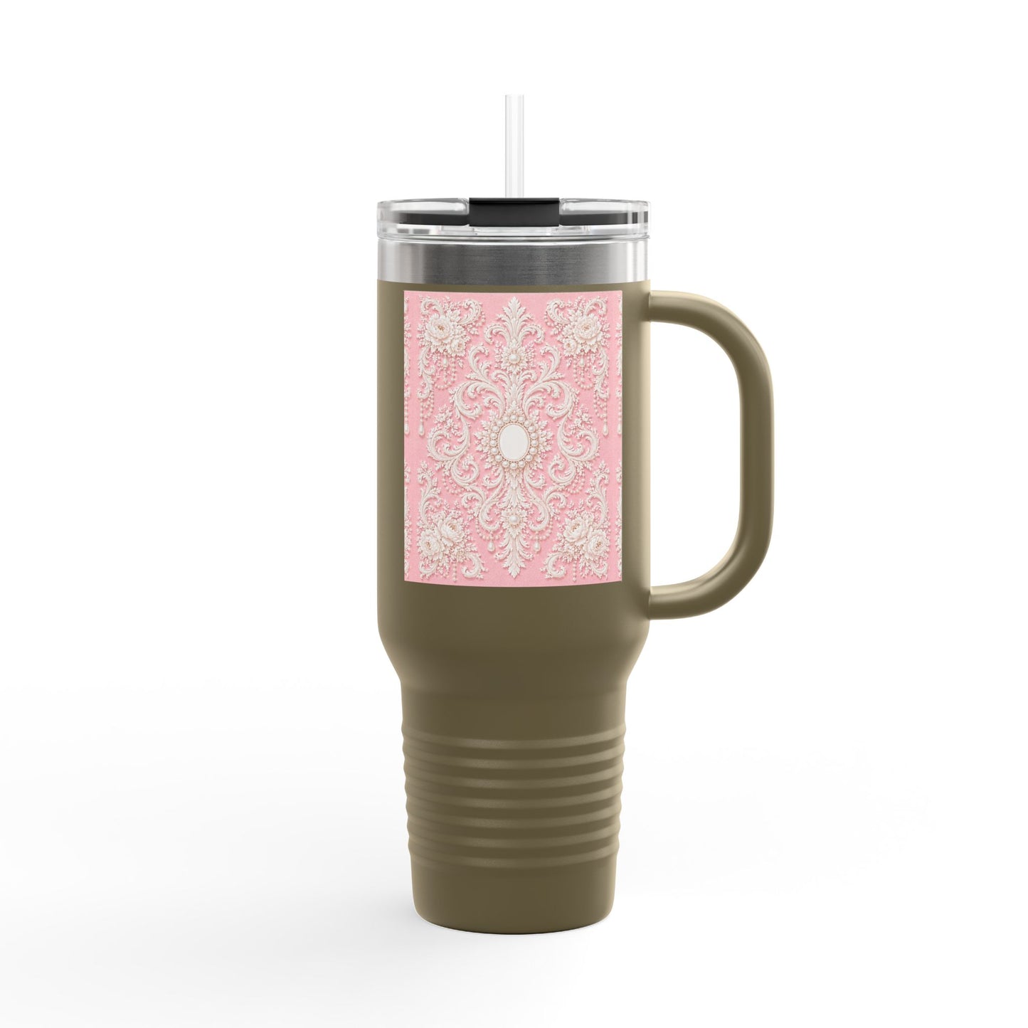 Pink Rococo 40oz Insulated Travel Mug – Pink Vintage Rococo Design