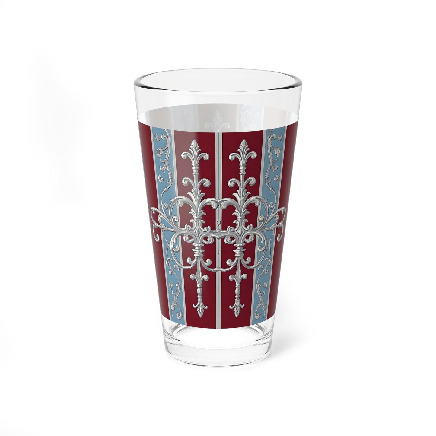 Elegant Vintage 16oz Mixing Glass - Perfect for Entertaining & Home Bar - Ice Blue & Burgundy Striped Baroque