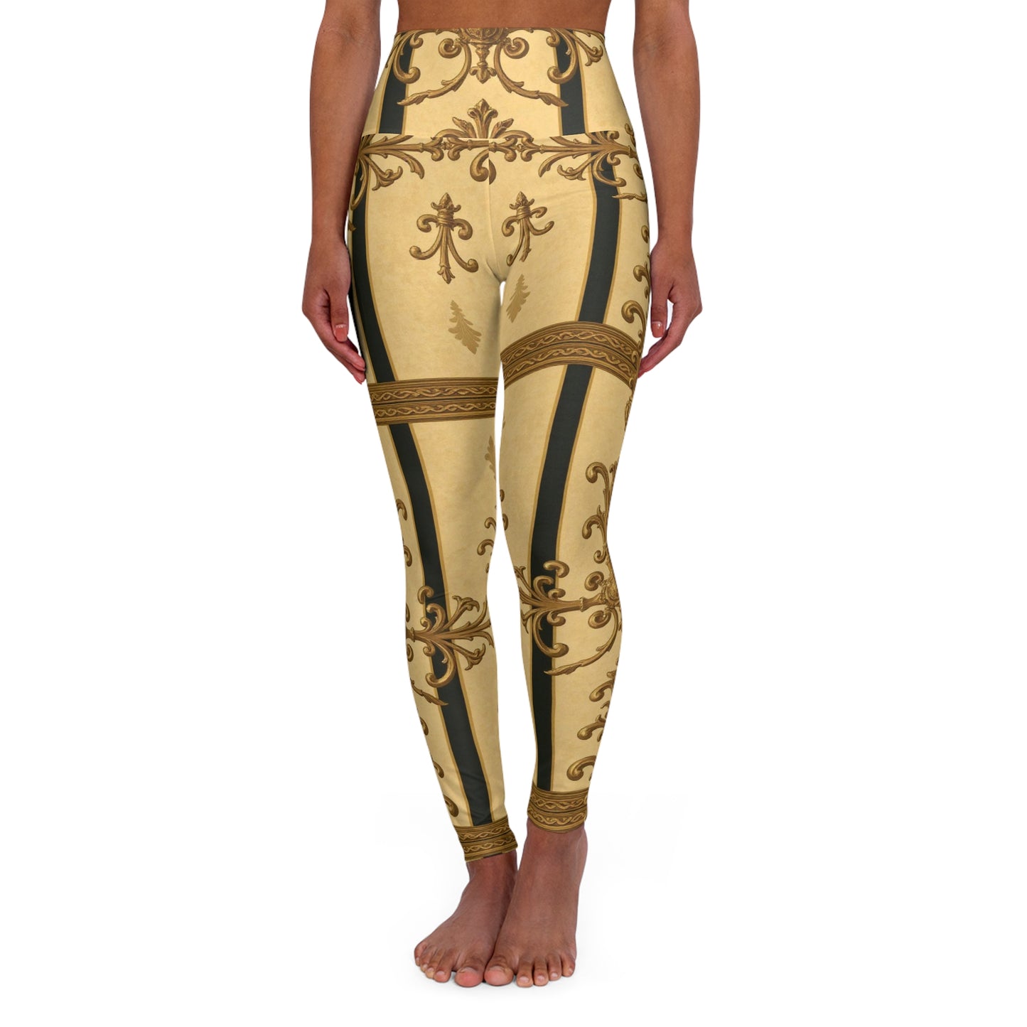 Elegant High Waisted Yoga Leggings, Stylish Activewear, Fitness Apparel, Comfortable Workout Pants - Matte Yellow Striped Antique Rococo