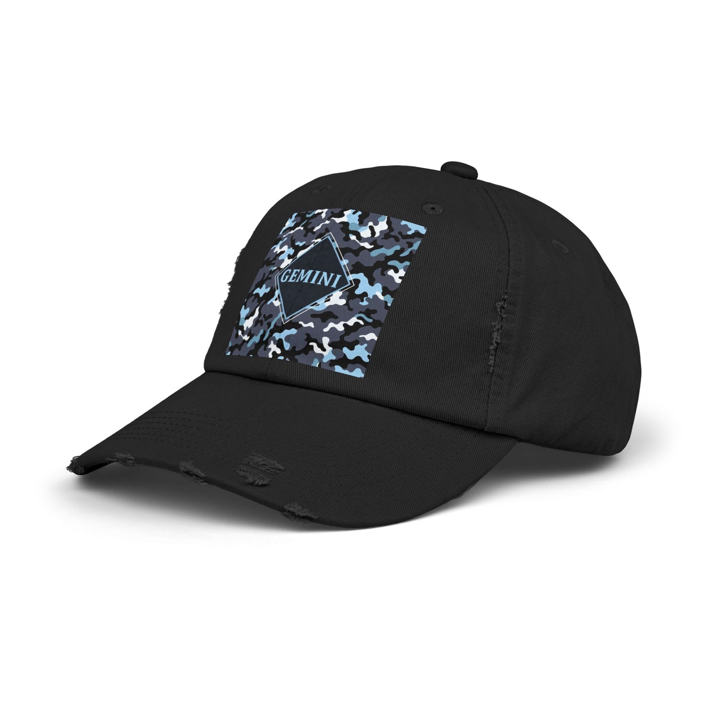 Gemini Distressed Cap - Unisex Camo Design - Black, Grey & Ice Blue