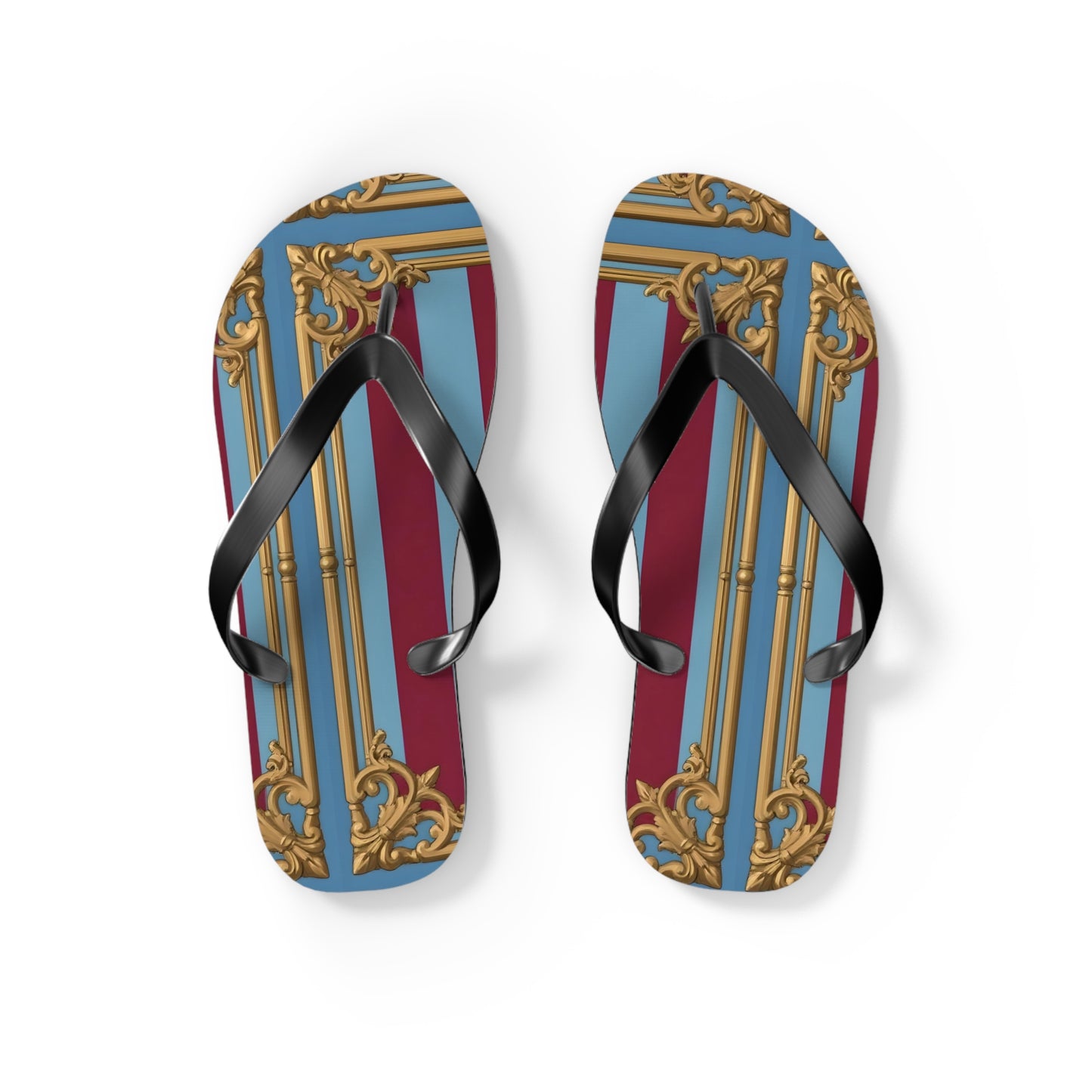 Ornate Design Flip Flops, Elegant Summer Sandals, Beach Vacation Footwear, Perfect for Weddings - Sky Blue & Maroon Striped Baroque