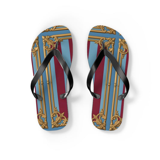 Ornate Design Flip Flops, Elegant Summer Sandals, Beach Vacation Footwear, Perfect for Weddings - Sky Blue & Maroon Striped Baroque