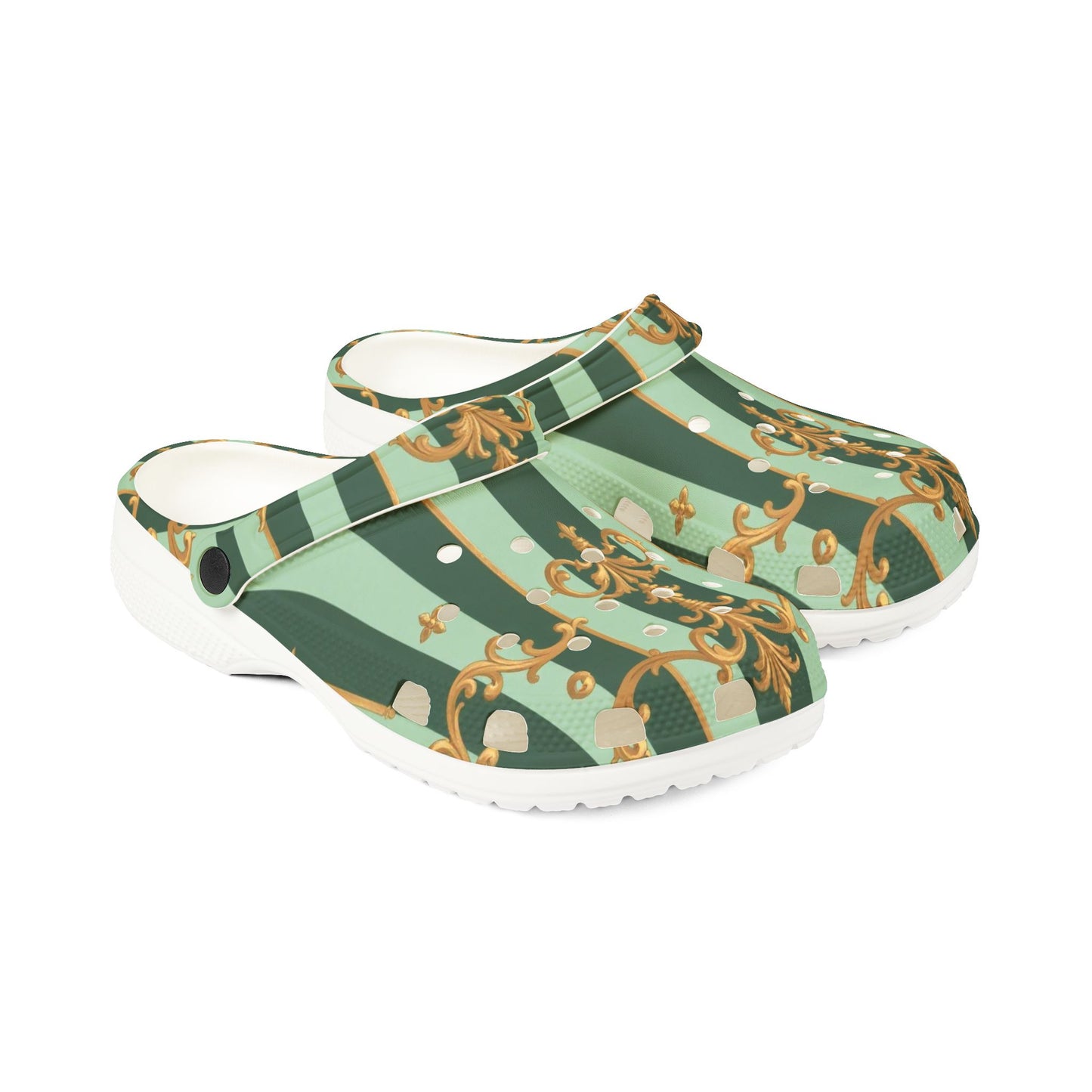 Elegant AOP EVA Foam Clogs - Stylish Garden-Inspired Footwear for Comfort & Trend, Unique Slip-Ons - Mint Green & Teal Striped Gold Baroque