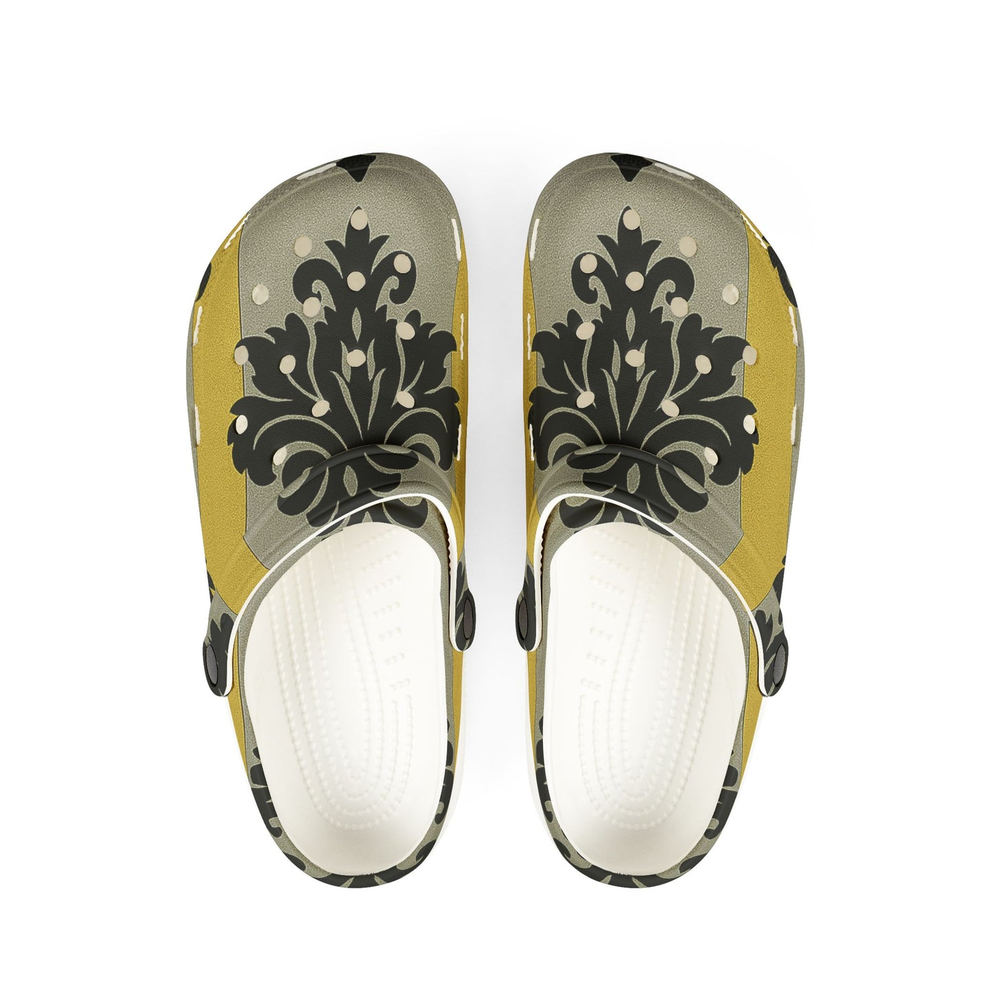 Chic EVA Foam Clogs in Vintage Baroque Design, Comfortable Garden Shoes, Lightweight Slip-On Footwear - Silver & Gold Striped Black Baroque