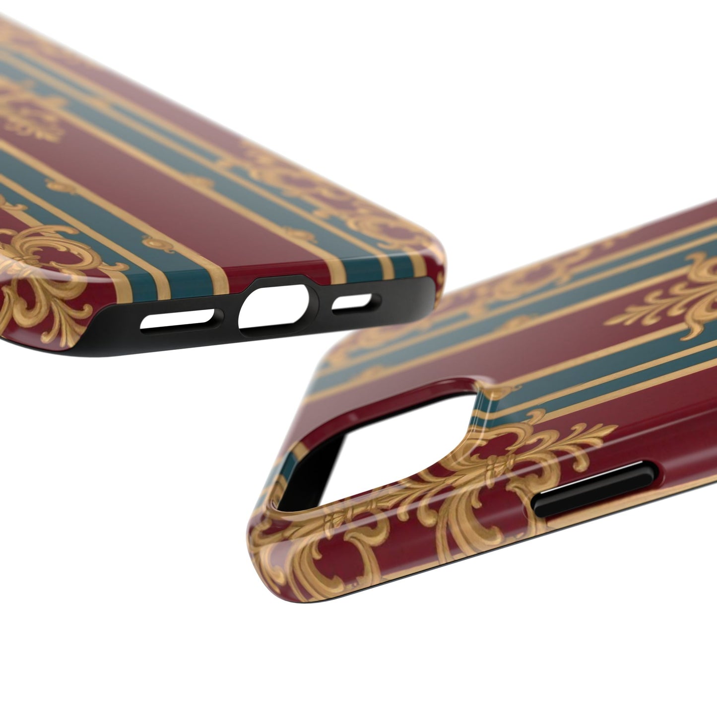 Elegant Vintage Tough Phone Case, Luxury Phone Protection, Stylish Phone Cover, Durable Phone Accessory - Burgundy Striped Gold Baroque