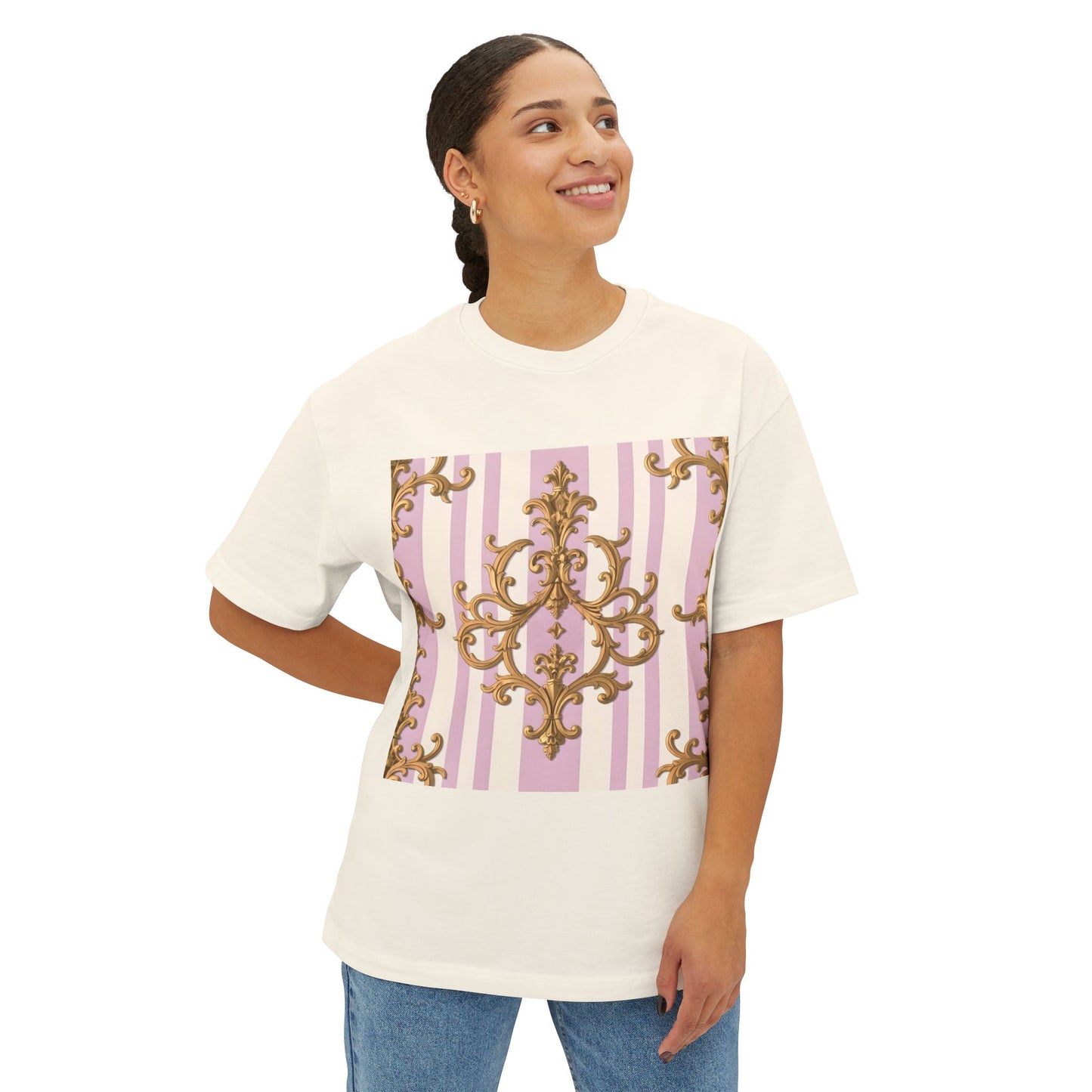 Chic Oversized Boxy Tee for Stylish Comfort, Casual Wear, Graphic Tee, Trendy Fashion, Gifts for Her - Lilac & Alabaster Striped Gold Baroque