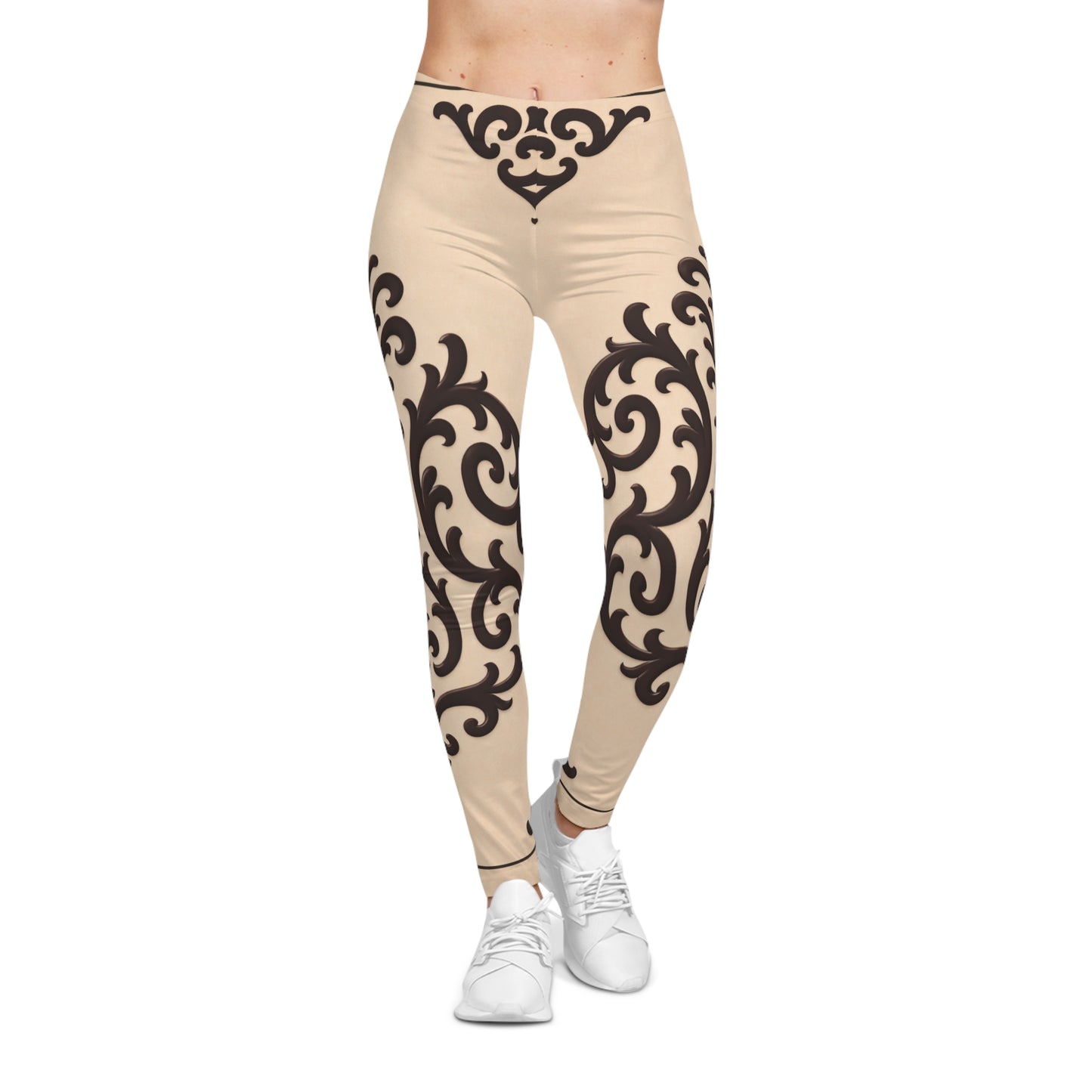Almond-Beige & Brown Baroque Print Leggings — Vintage Scroll Pattern Women's Leggings