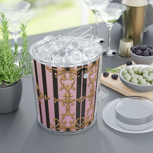 Chic Ice Bucket with Tongs, Elegant Drink Cooler, Party Essential, Home Bar Accessory - Matte Lavender & Black Striped Gold Baroque