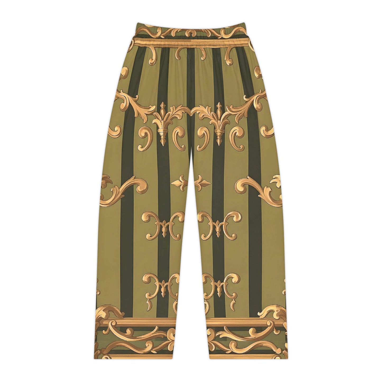 Elegant Women’s Pajama Pants, Luxe Loungewear, Cozy Sleepwear, Weekend Attire, Gift for Her - Olive Green Striped Rococo