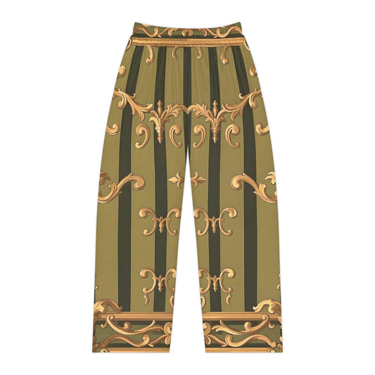 Elegant Women’s Pajama Pants, Luxe Loungewear, Cozy Sleepwear, Weekend Attire, Gift for Her - Olive Green Striped Rococo