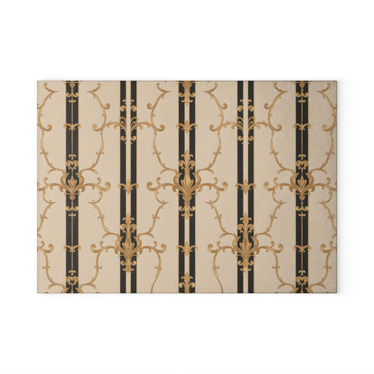 Elegant Vintage Glass Cutting Board - Kitchen Decor, Gift for Home Cooks, Wedding Present - Black & Beige Striped Damask