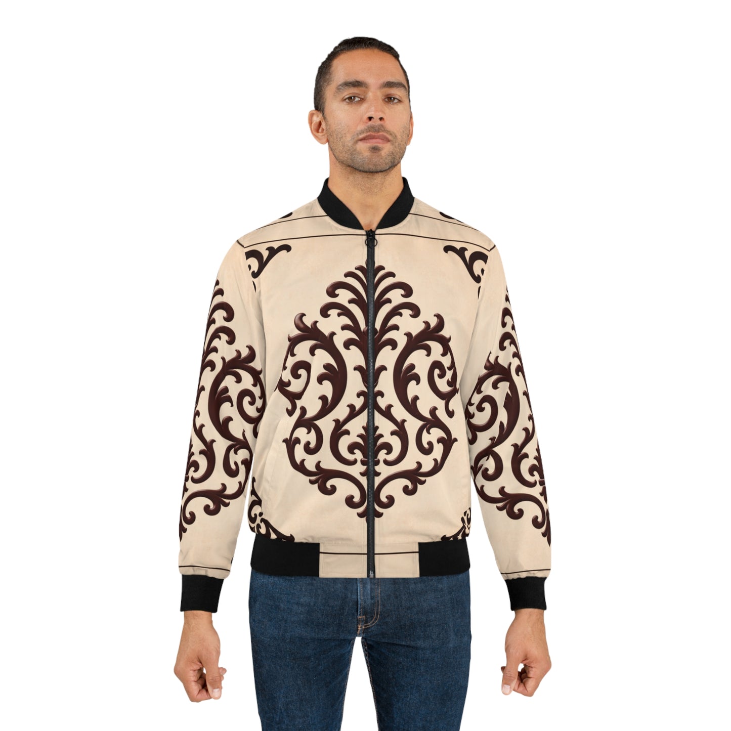 Almond-Beige & Brown Baroque Ornate Bomber Jacket