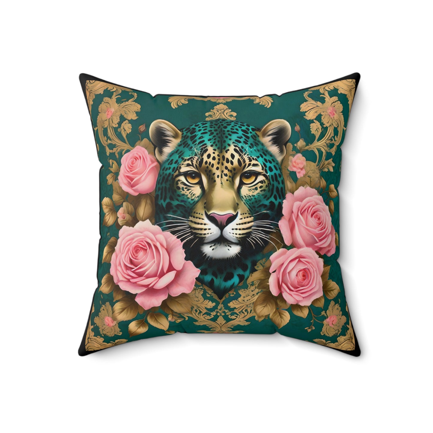 Floral Leopard Print Pillow, Decorative Cushion for Living Room - Teal Leopard