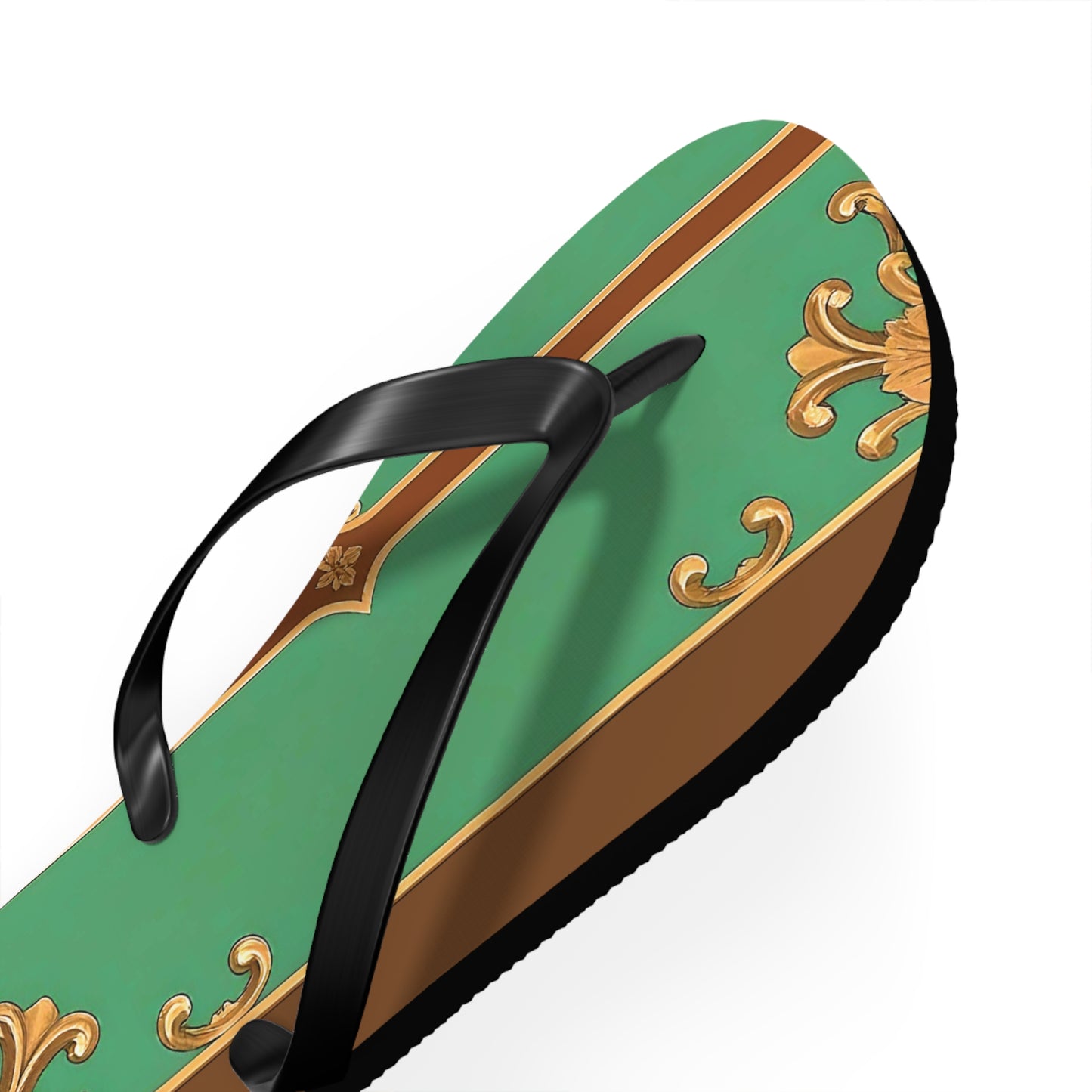 Elegant Floral Flip Flops for Summer Getaways - Rust & Green Striped Baroque
