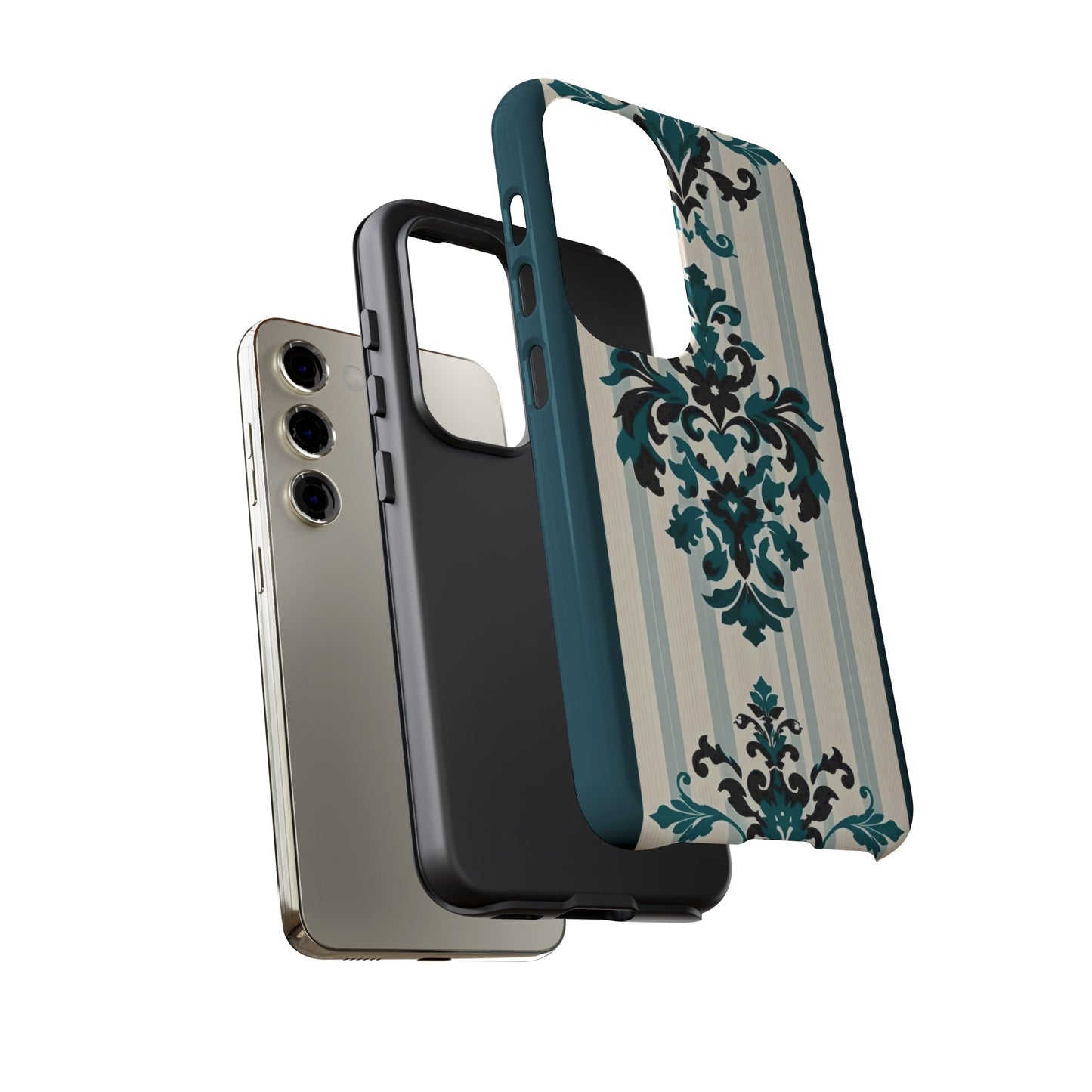 Elegant Floral Phone Case - Tough Cases with Vintage Design - Teal Striped Damask