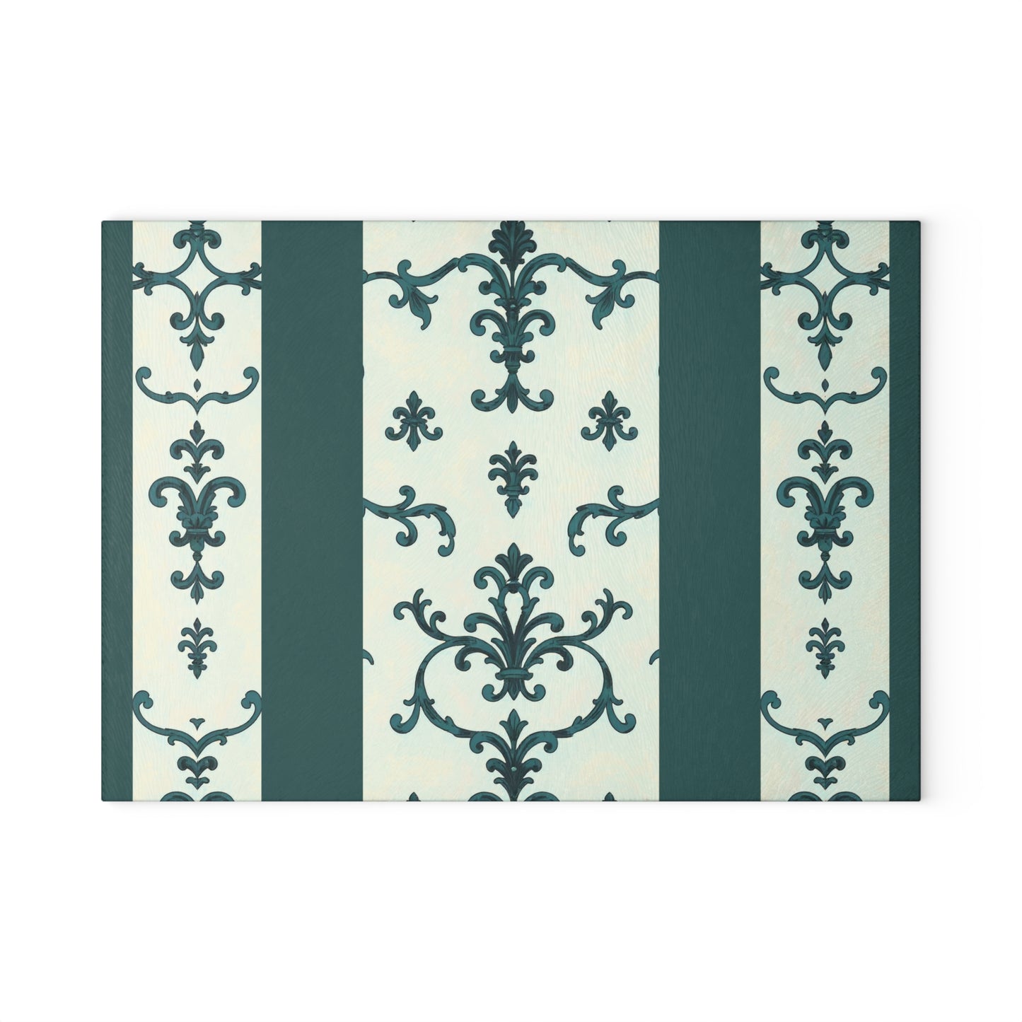 Elegant Glass Cutting Board - Kitchen Decor, Gift for Chefs, Wedding Gift, Home Cooking, Housewarming - Teal Striped Rococo