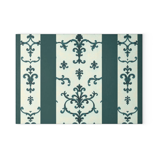 Elegant Glass Cutting Board - Kitchen Decor, Gift for Chefs, Wedding Gift, Home Cooking, Housewarming - Teal Striped Rococo