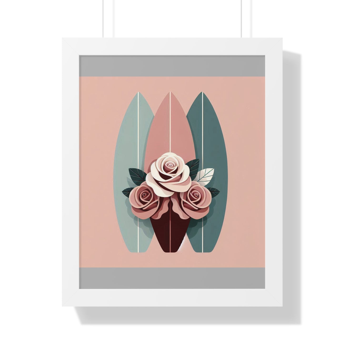 Vertical Poster - Burgundy, Matte Mauve & Teal Surfboard & Roses Wall Art