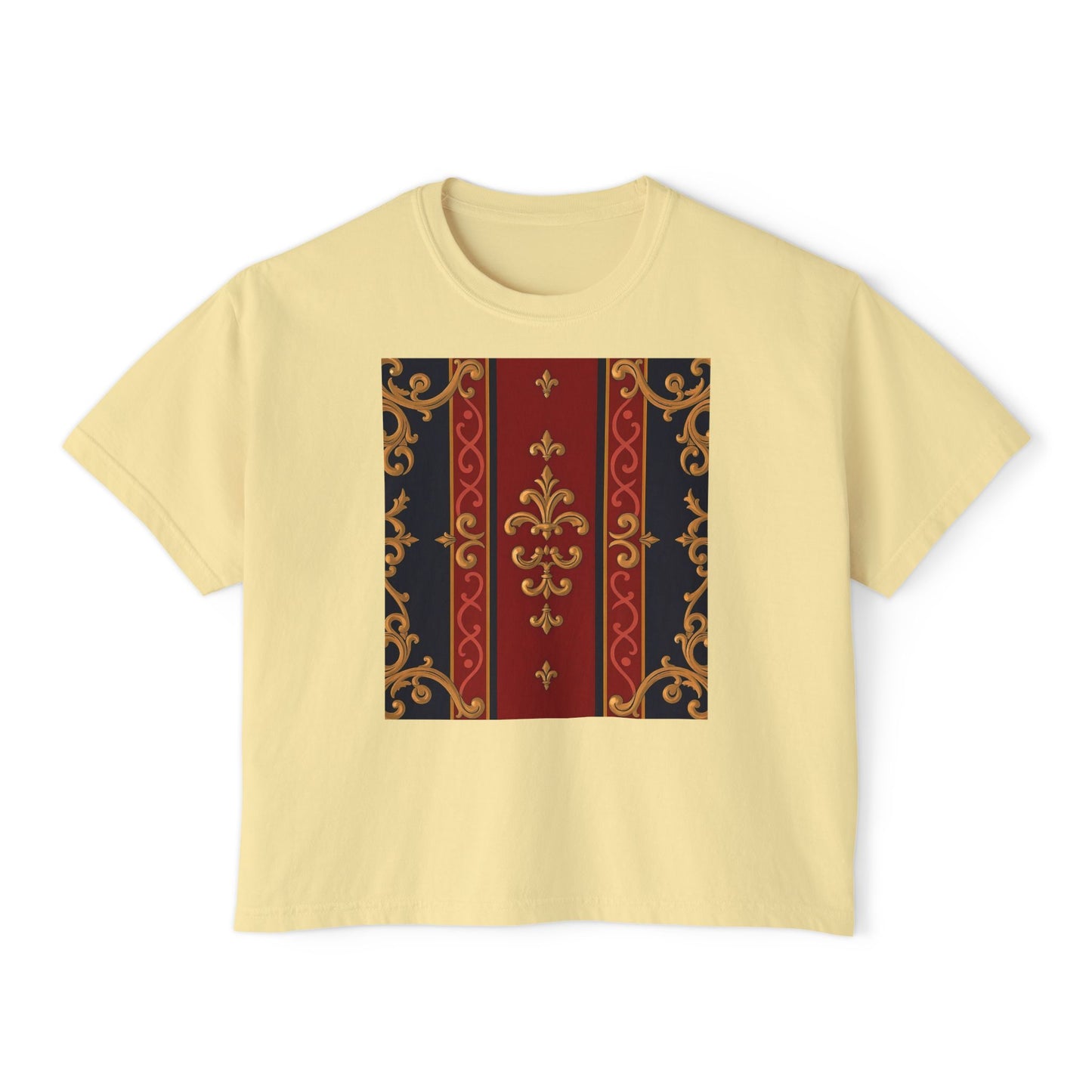 Elegant Floral Boxy Tee, Casual Women’s T-Shirt, Vintage Inspired Top, Everyday Fashion, Gift for Her - Midnight Blue & Dusk Red Gold Baroque
