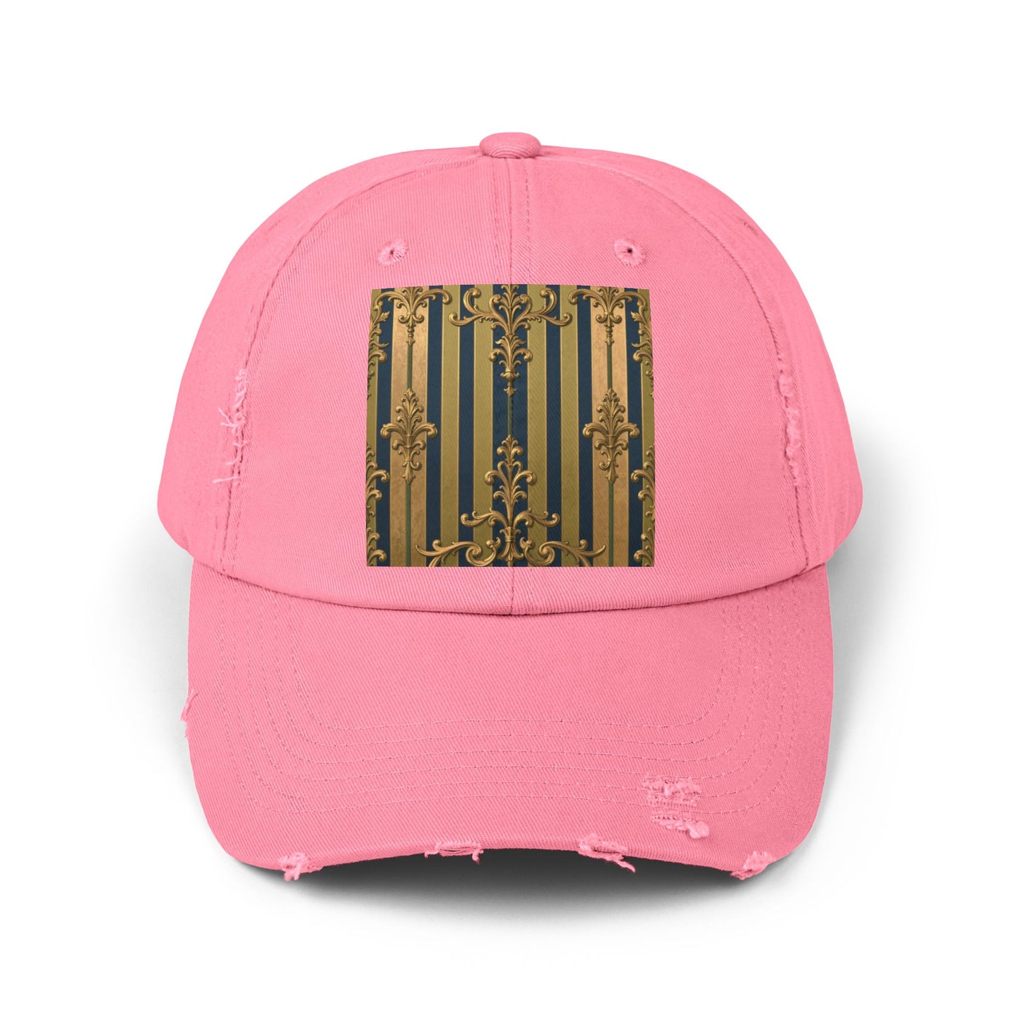 Stylish Midnight Blue & Olive Striped Gold Baroque Unisex Distressed Cap with Elegant Gold Accent, Fashionable Hat for Casual Days, Gift for Birthdays