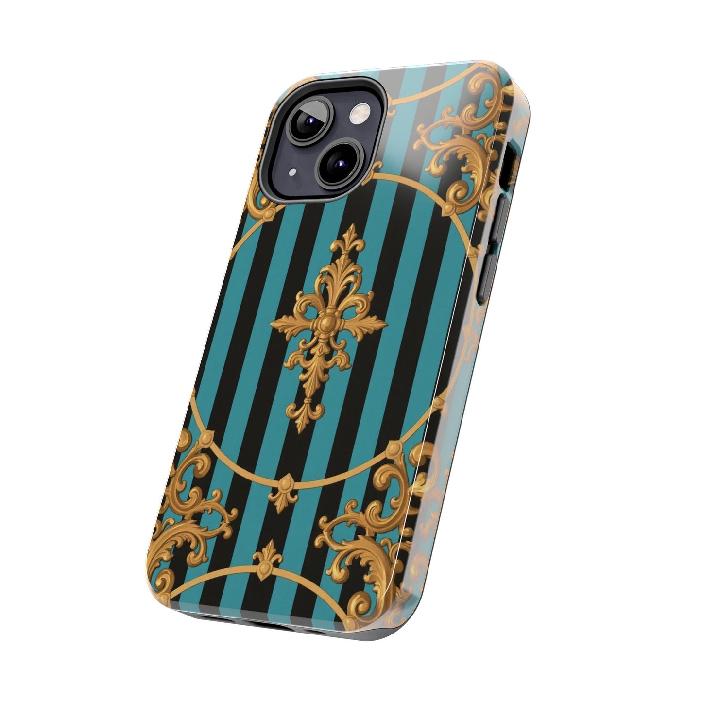 Elegant Turquoise & Black Striped Gold Baroque Phone Case, Tough Phone Cases for Fashion Lovers, Gift for Her, Luxury Accessories