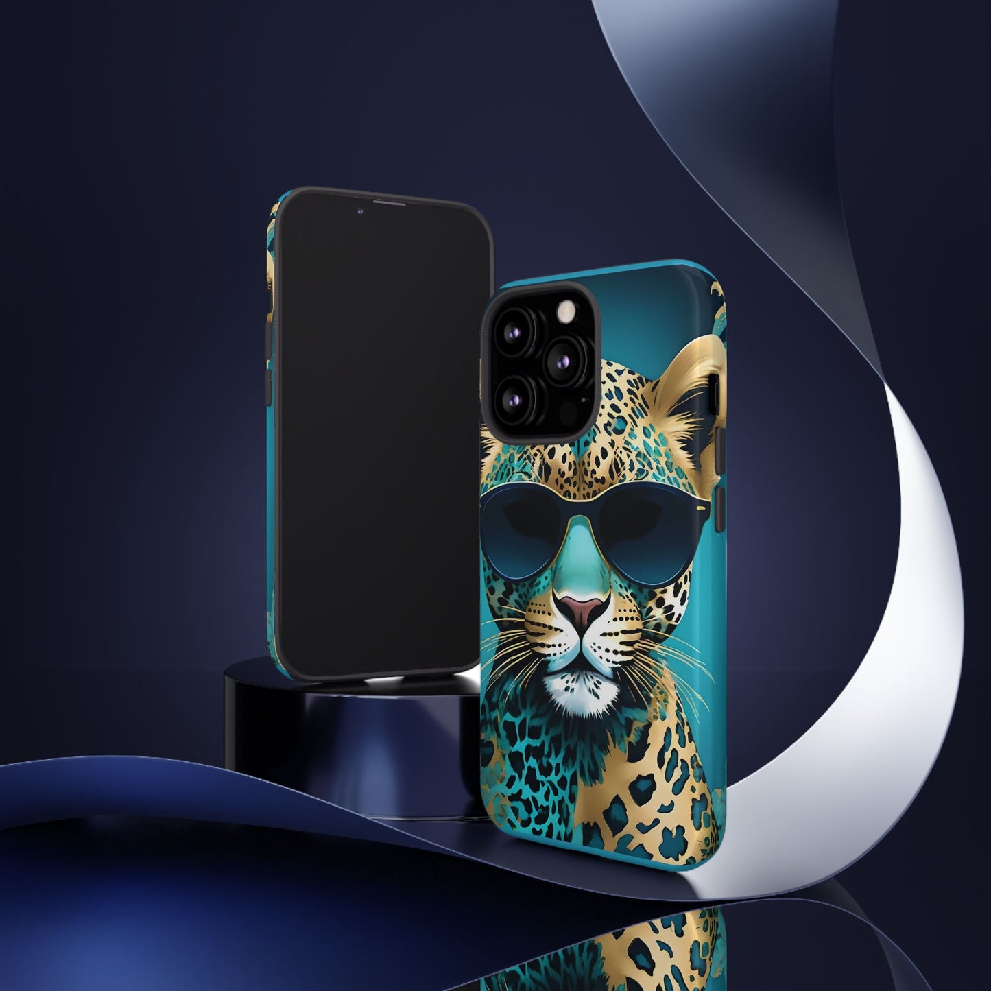 Phone Case - Aqua & Gold Leopard In Sunglasses Design