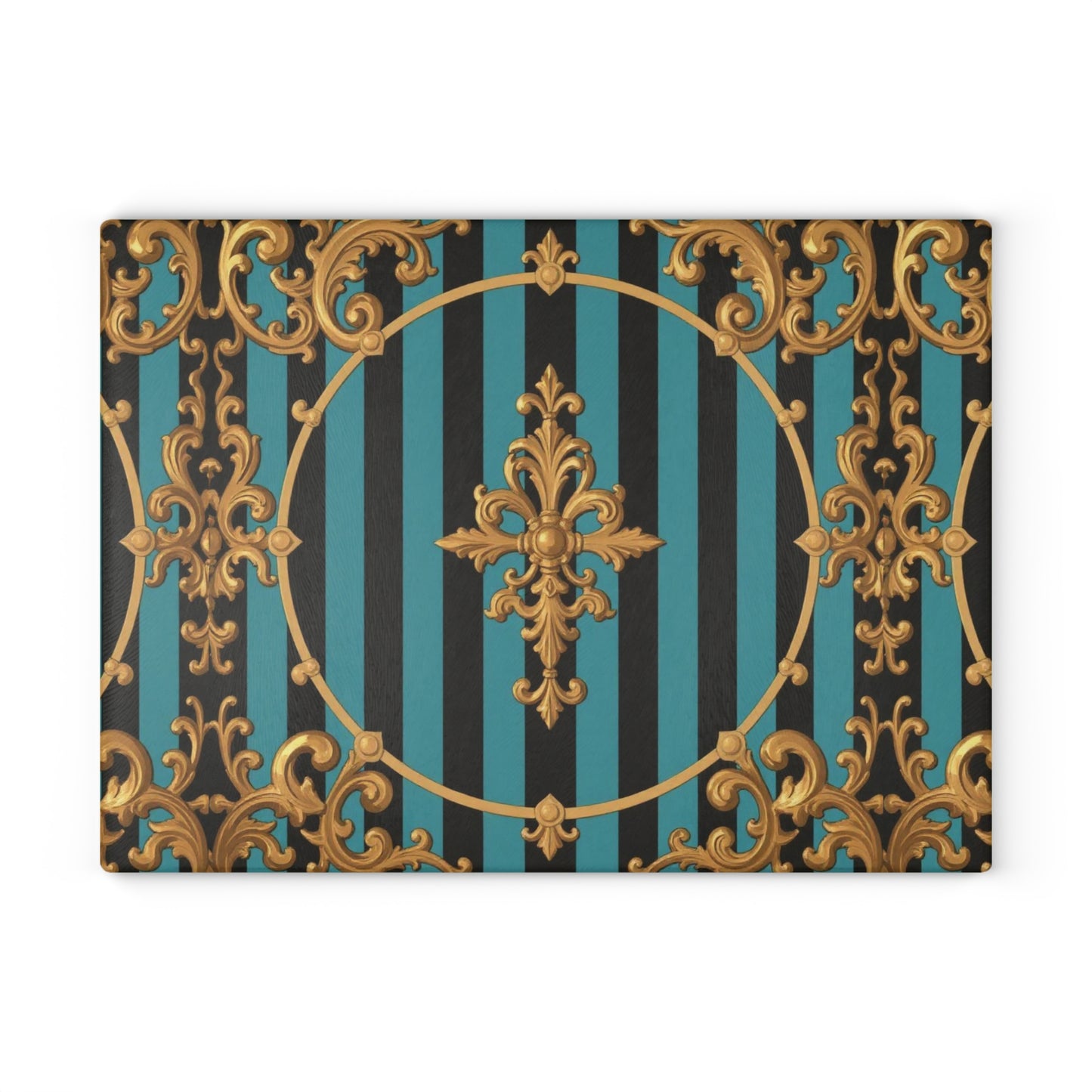Elegant Turquoise & Black Striped Gold Baroque Decorative Glass Cutting Board | Kitchen Decor, Wedding Gift, Home Cook, Housewarming Gift