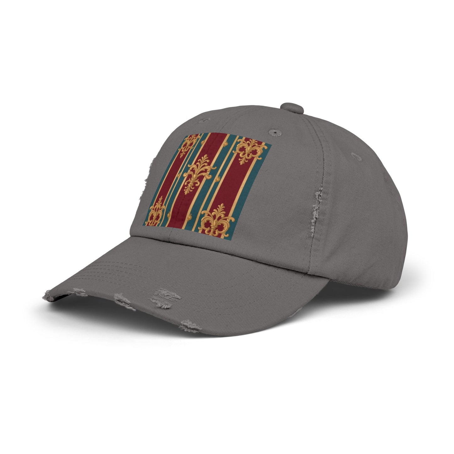 Stylish Unisex Distressed Cap with Vintage Striped Design, Casual Wear, Outdoor Activities, Gift for Him/Her - Burgundy Striped Gold Baroque