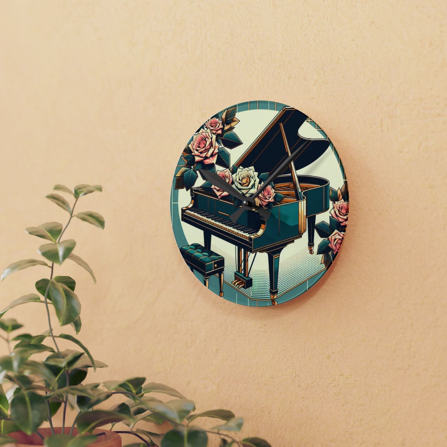 Elegant Piano & Roses Acrylic Wall Clock - Timeless Decor for Music Lovers