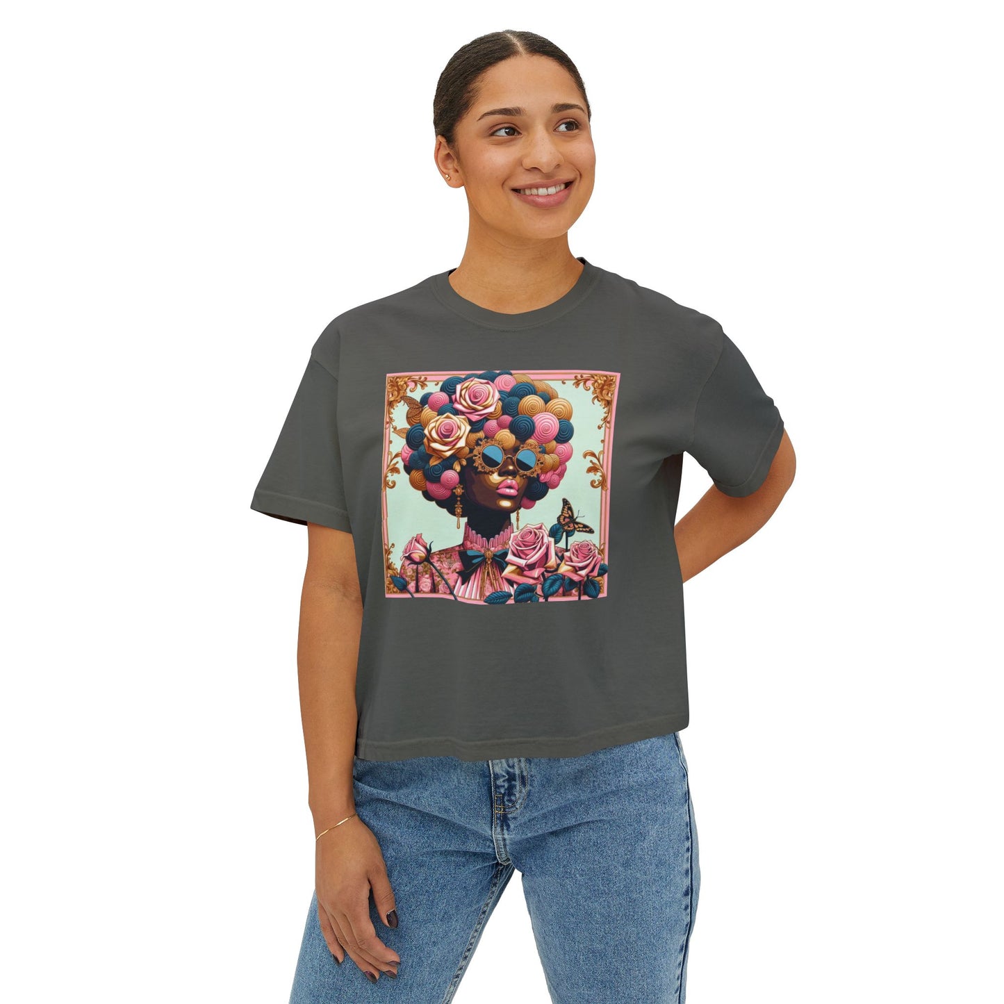 Colorful Afro Woman Boxy Tee, Feminine Graphic T-Shirt, Trendy Casual Wear, Gift for Her, Summer Outfit - Lady In Pink Baroque