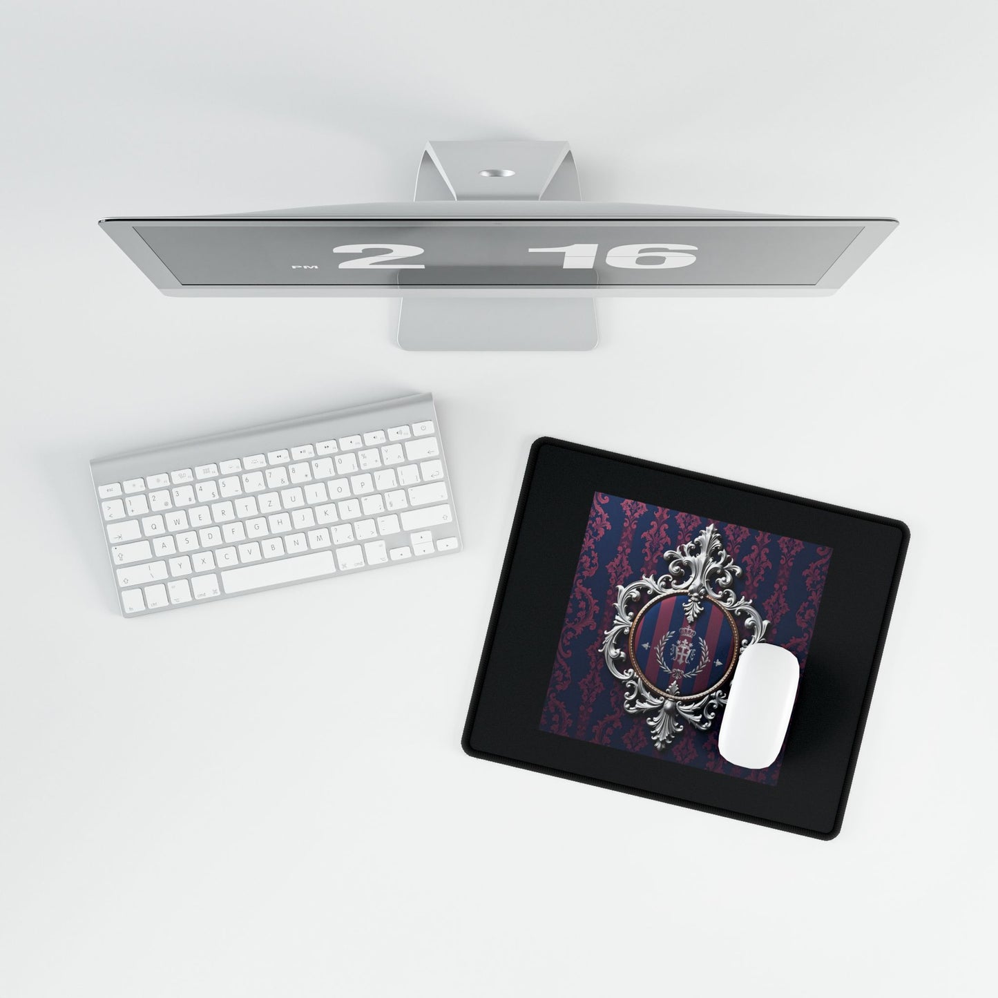 Elegant Desk Mats for Home Office, Stylish Desk Mats for Work, Personalized Office Decor, Chic Mouse Pads - Blue & Plum Striped Silver Crest