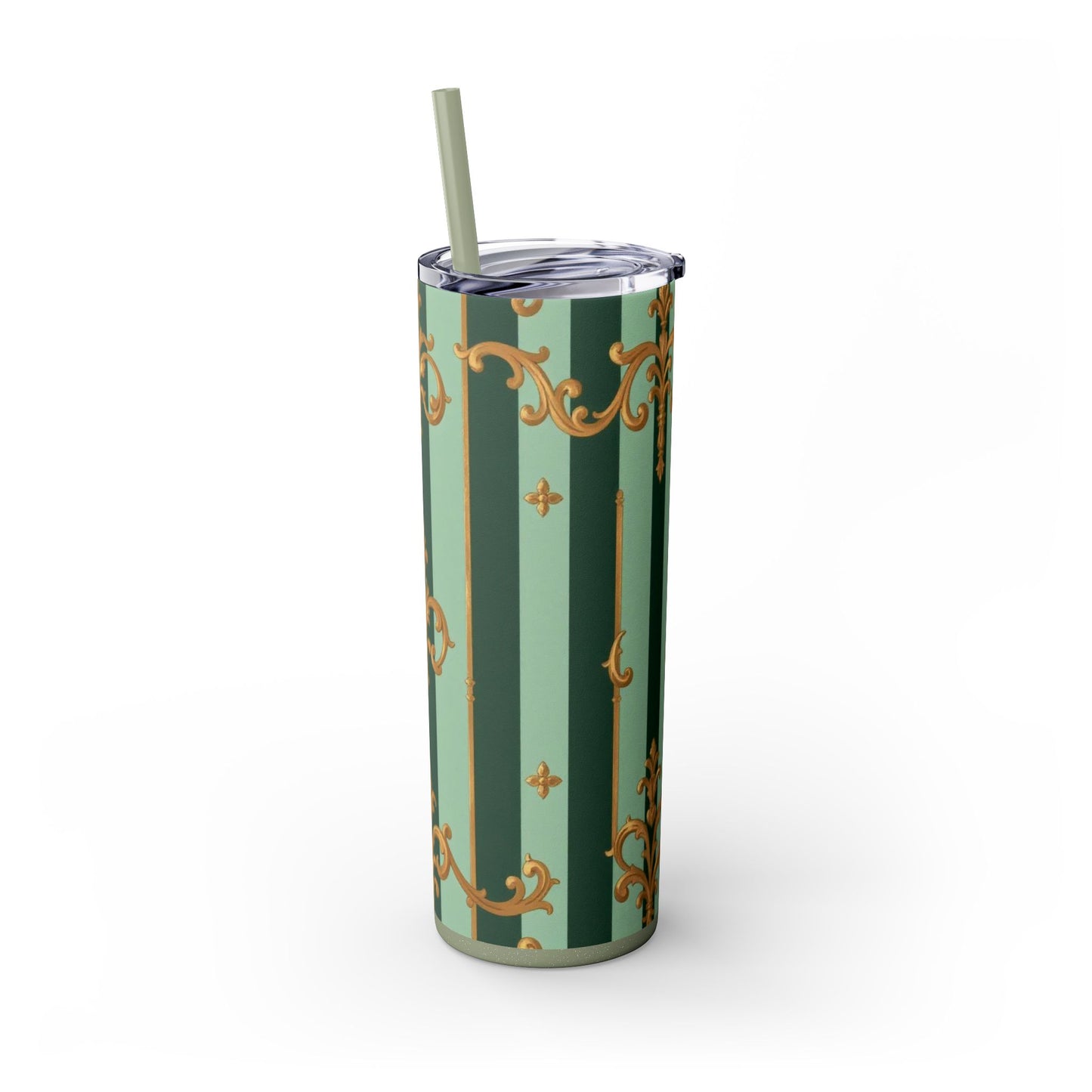 Elegant Floral Skinny Tumbler with Straw, 20oz – Stylish Travel Mug, Eco-Friendly Reusable Cup - Mint Green & Teal Striped Gold Baroque