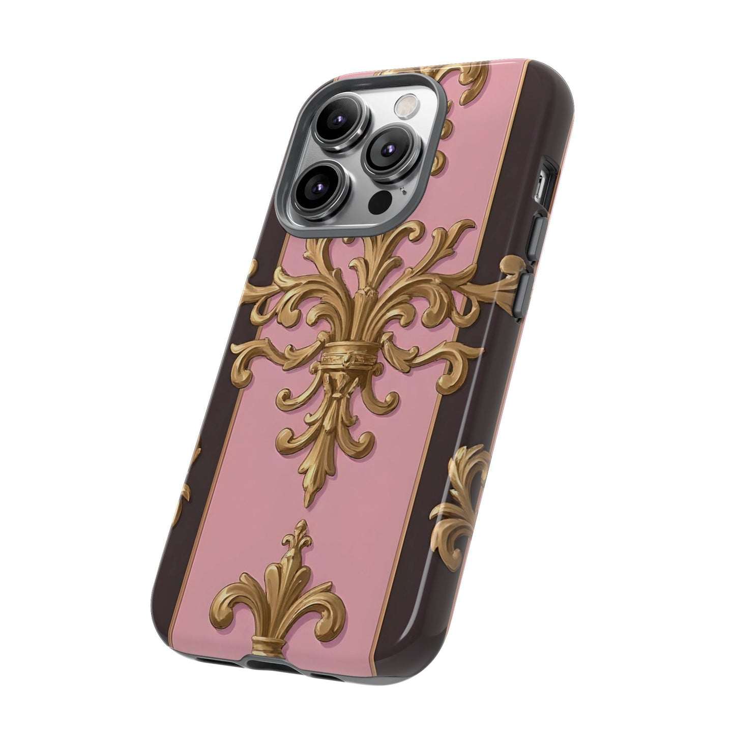 Elegant Floral Motif Phone Case - Tough Cases with Vintage Design - Pink & Brown Striped Gold Damask