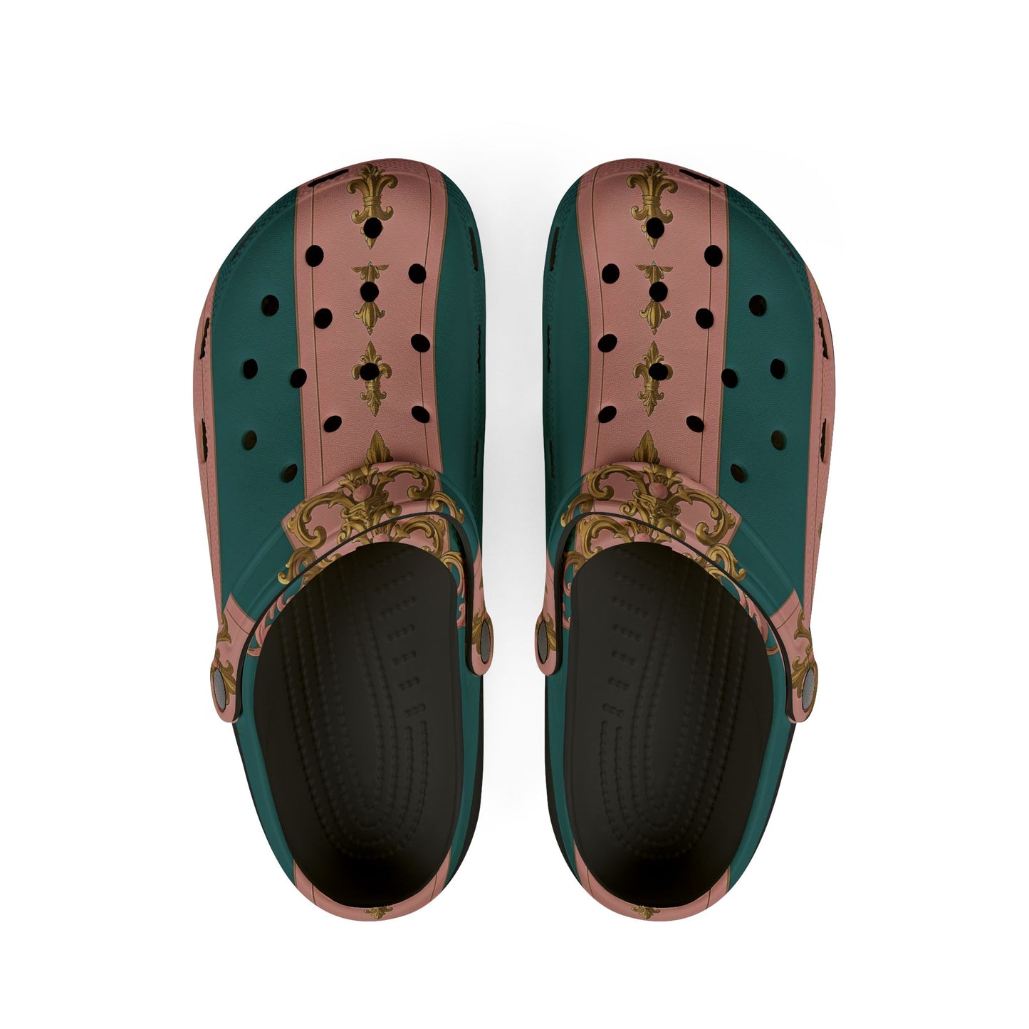 Stylish EVA Foam Rubber Shoes with Elegant Floral Design, Comfortable Clogs for Everyday Wear - Pink & Teal Striped Gold Baroque