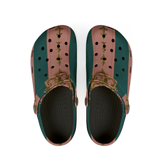 Stylish EVA Foam Rubber Shoes with Elegant Floral Design, Comfortable Clogs for Everyday Wear - Pink & Teal Striped Gold Baroque