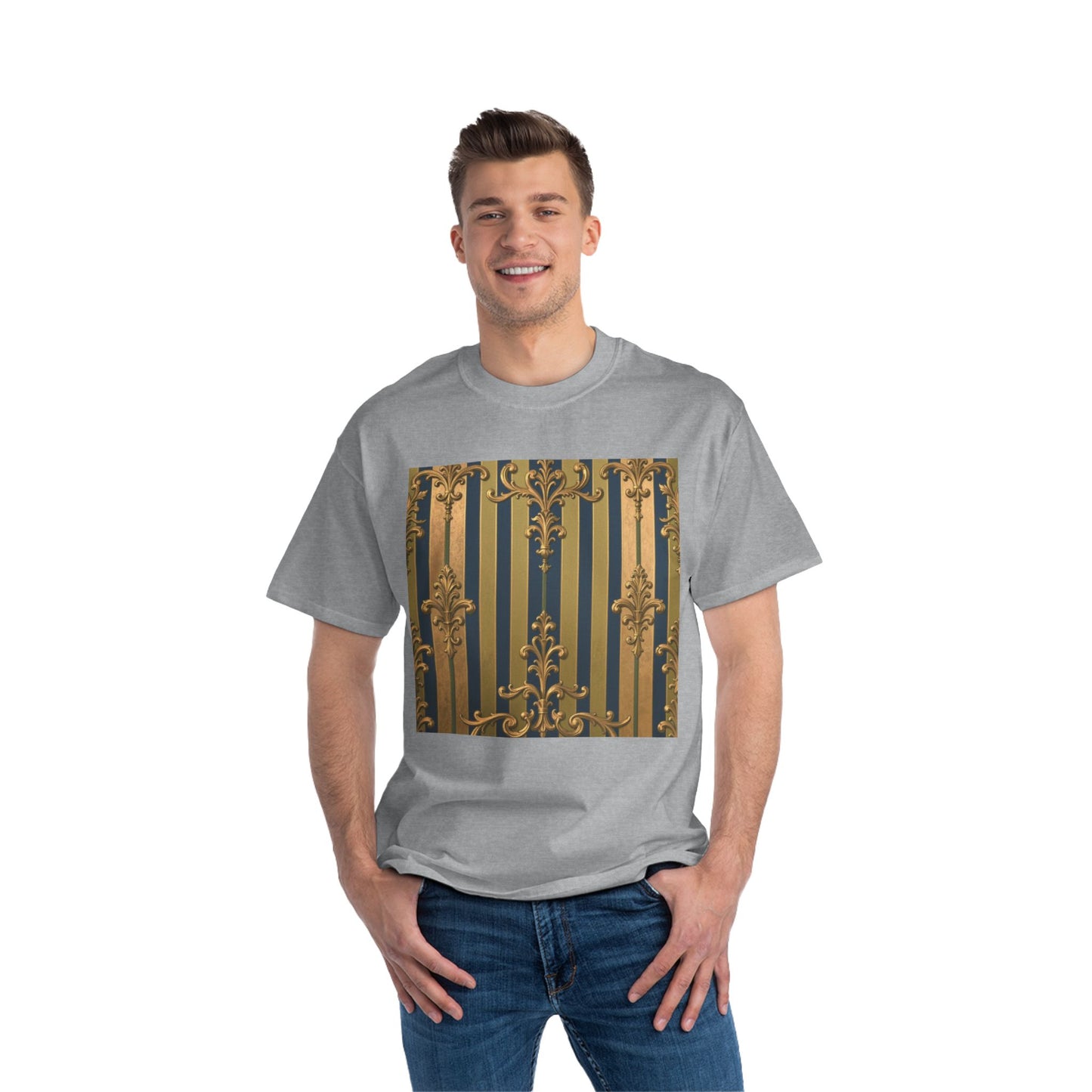 Elegant Midnight Blue & Olive Striped Gold Baroque Short-Sleeve Unisex T-Shirt, Vintage Fashion Tee, Casual Summer Top