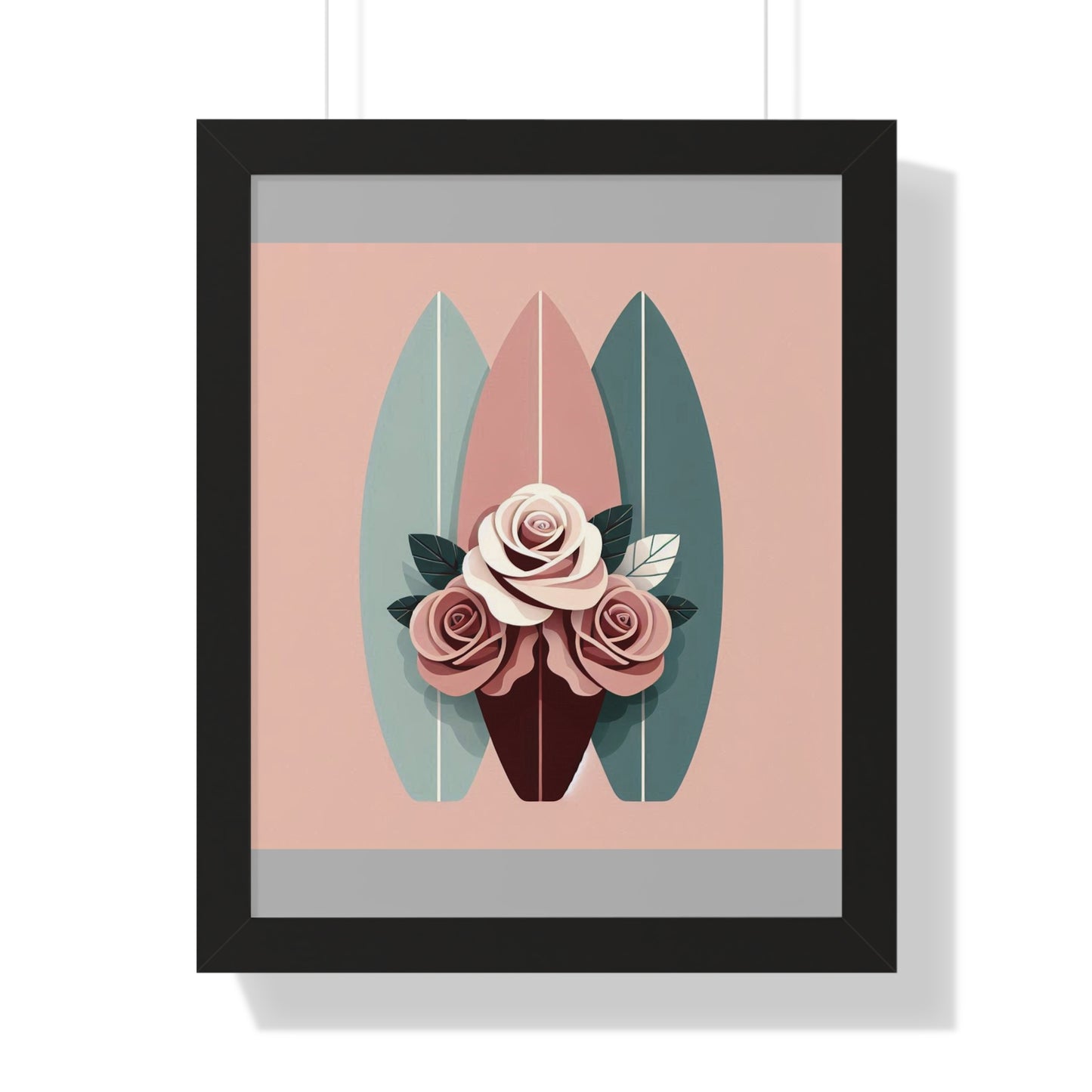 Vertical Poster - Burgundy, Matte Mauve & Teal Surfboard & Roses Wall Art