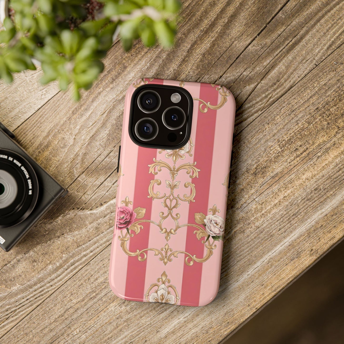 Elegant Floral Motif Phone Case - Tough Cases with Vintage Design - Pink Striped Roses & Damask