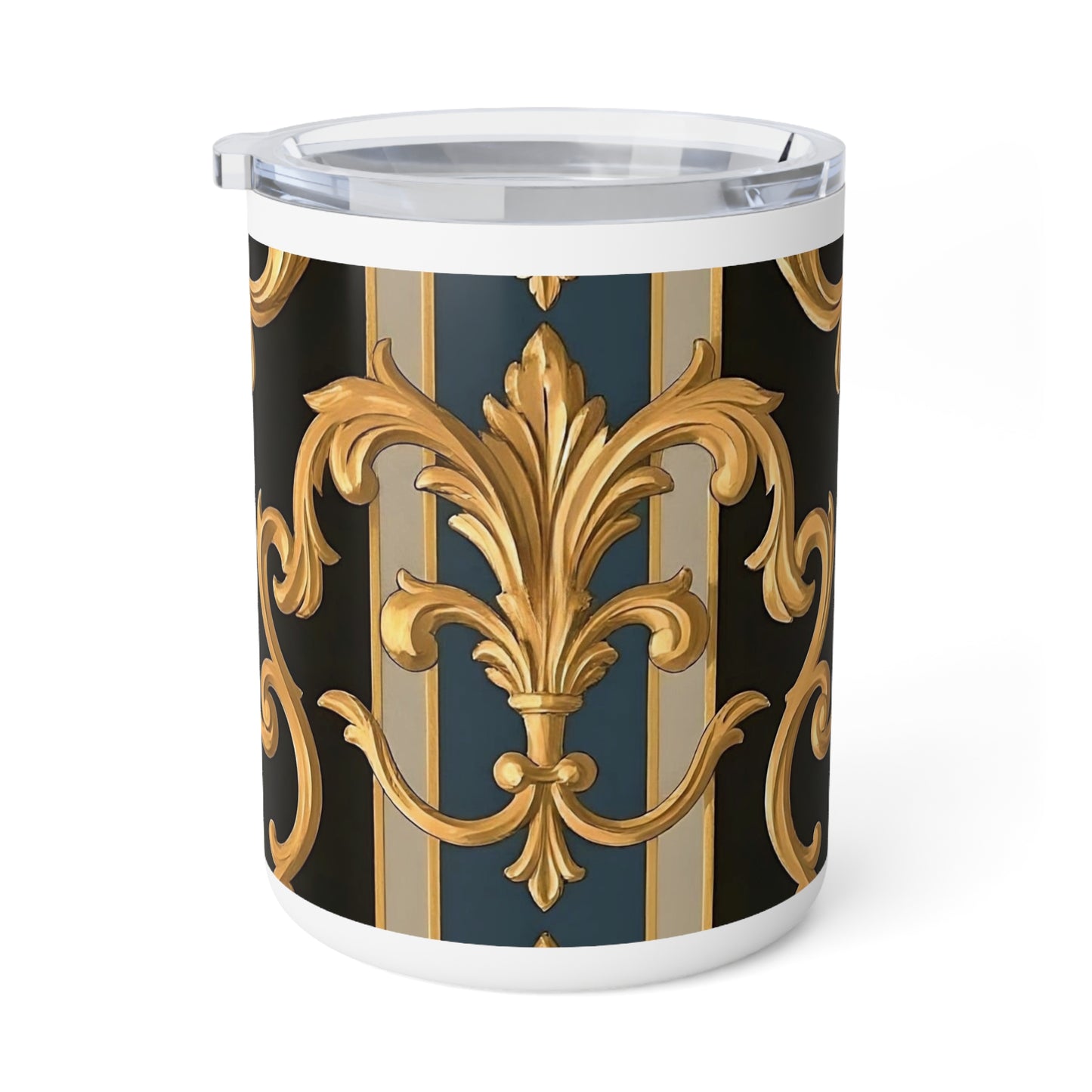 Elegant Insulated Coffee Mug, 10oz | Decorative Mug for Home & Office, Unique Gift for Coffee Lovers - Blue & Black Striped Rococo