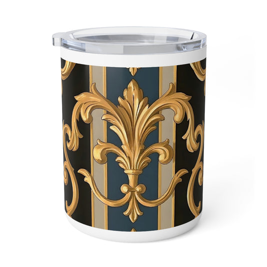 Elegant Insulated Coffee Mug, 10oz | Decorative Mug for Home & Office, Unique Gift for Coffee Lovers - Blue & Black Striped Rococo