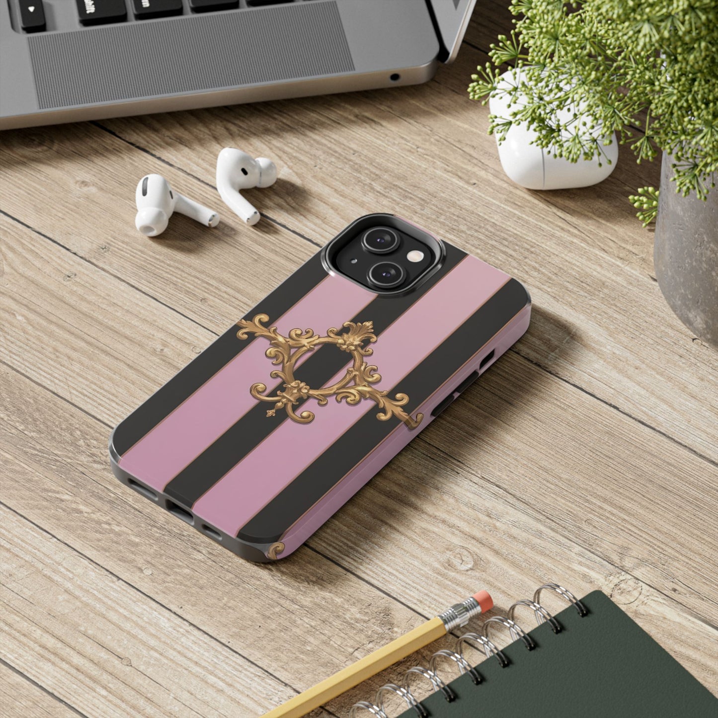 Stylish Tough Phone Case for Elegant Protection, Fashionable Accessories, Smartphone Cover - Matte Lavender & Black Striped Gold Baroque