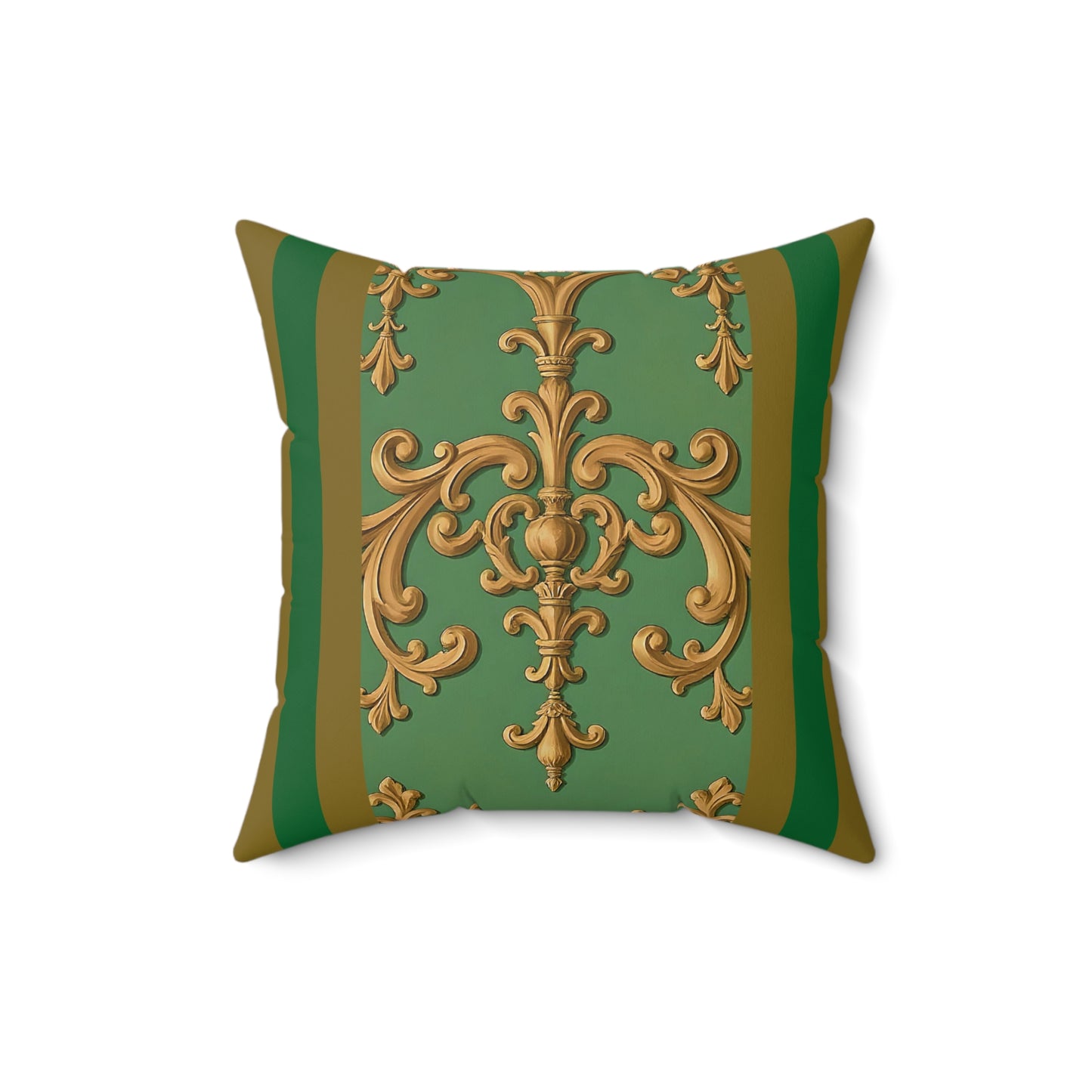 Elegant Faux Suede Square Pillow with Gold Floral Design, Throw Pillow, Home Decor, Living Room Accent, Gift for Her - Olive Green Striped Rococo