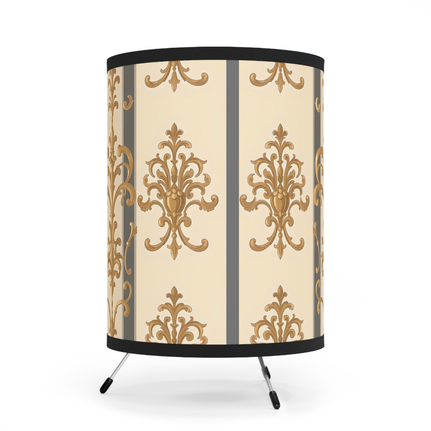 Elegant Tripod Lamp with Vintage Floral Print Shade - High-Res Home Accent - Dusk Olive Striped Gold Damask