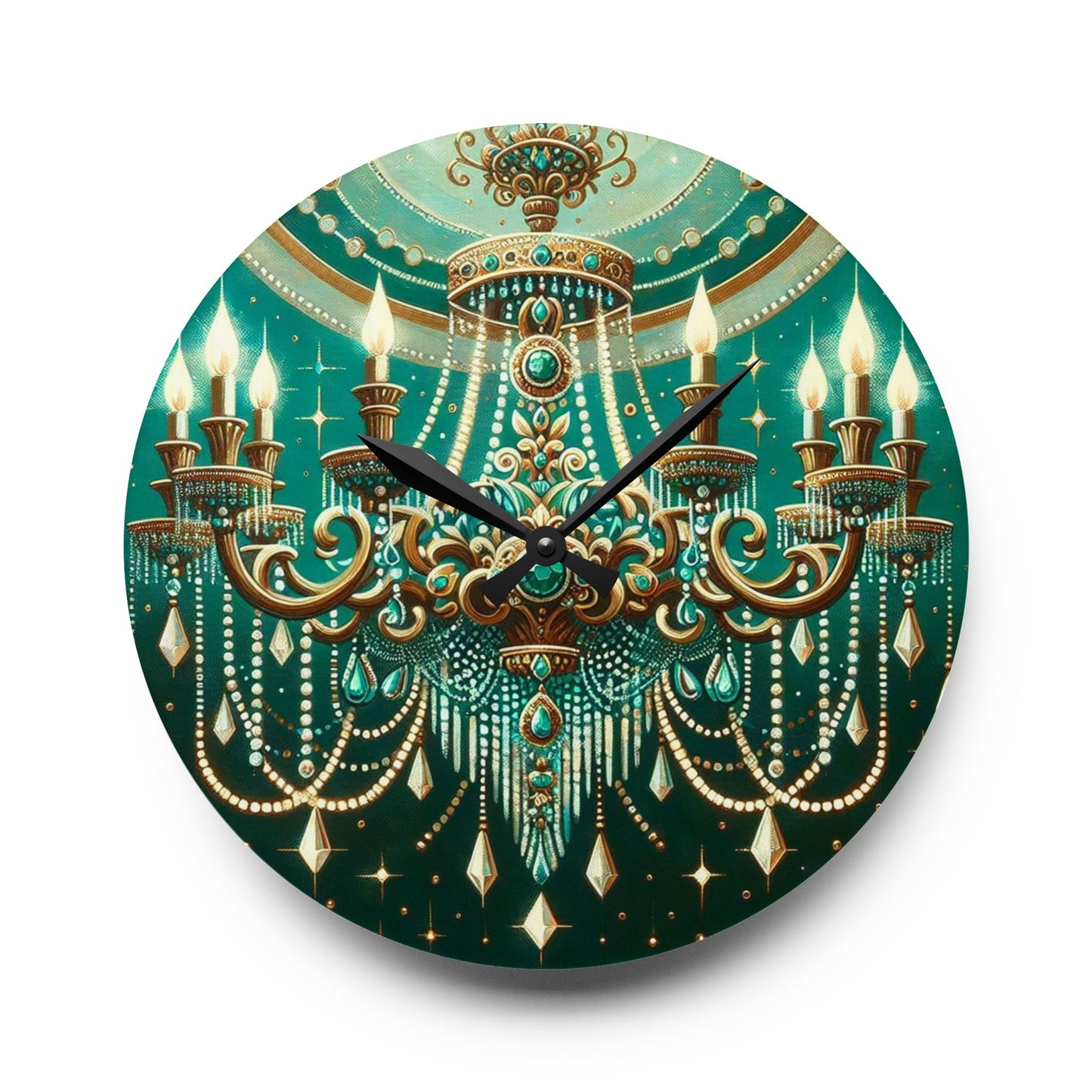 Chic Chandelier Acrylic Wall Clock, Elegant Home Decor, Modern Timepiece, Unique Gift, Wall Art - Green & Gold Jeweled Chandelier