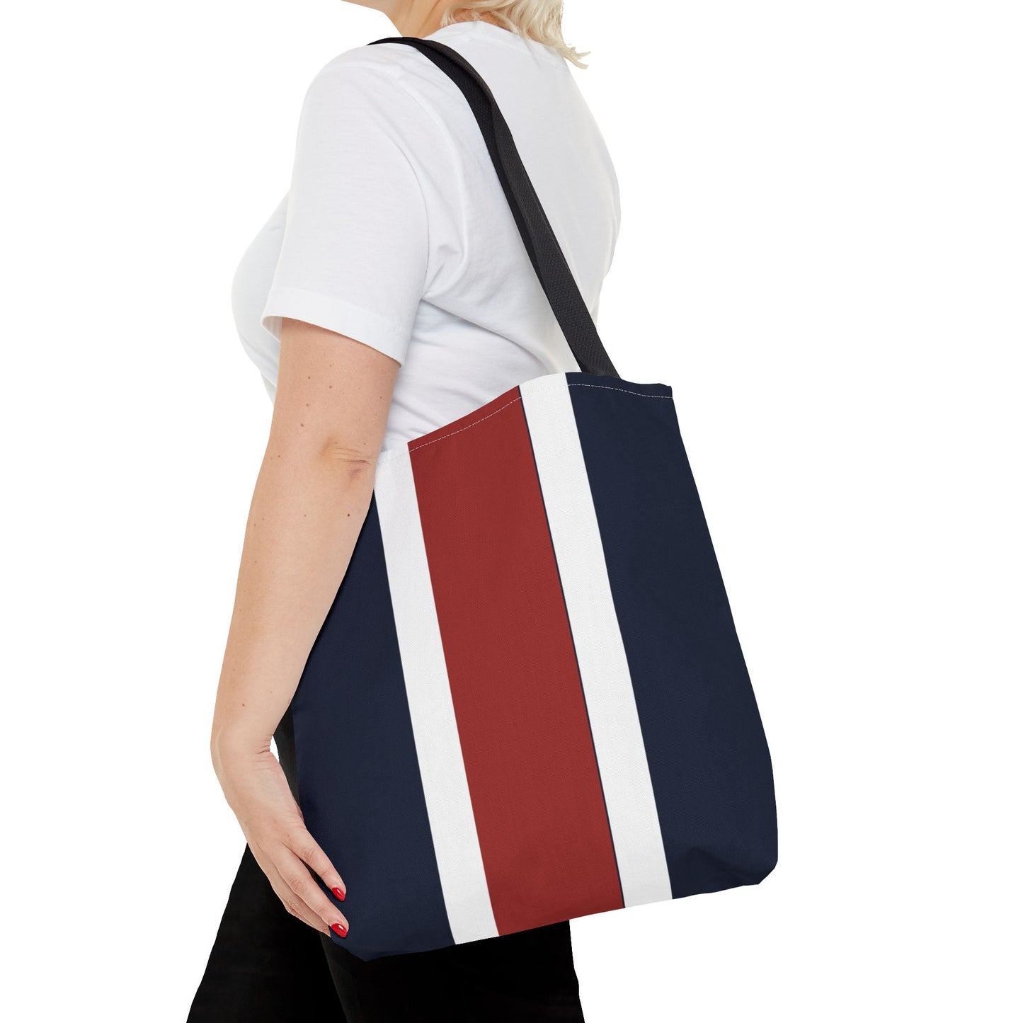 Lunar Midnight & Red-White Striped Tote Bag, Summer Beach Bag, Casual Shopping Tote, Patriotic Gift for Her, Travel Accessory