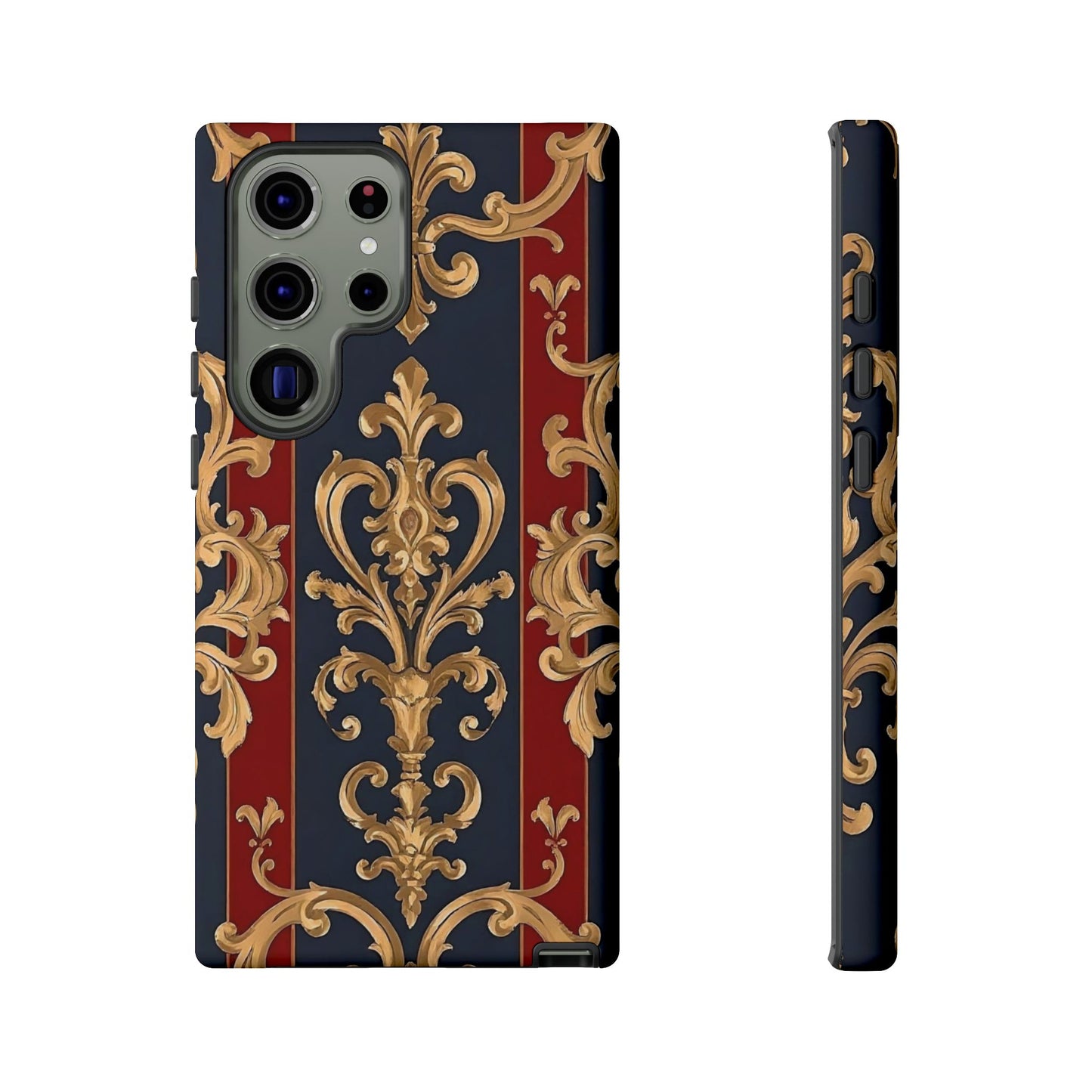 Elegant Floral Motif Phone Case - Tough Cases with Vintage Design - Midnight Blue & Dusk Red Striped Gold Damask