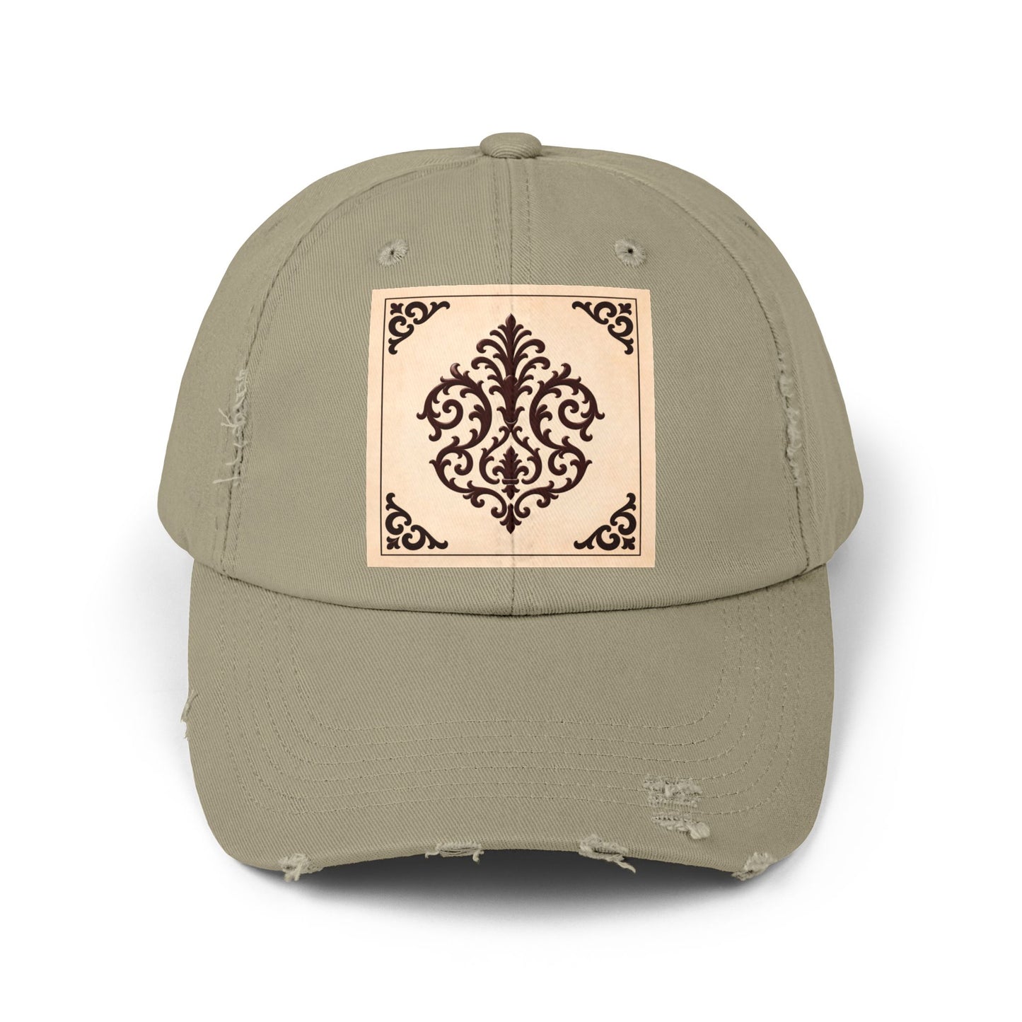 Almond-Beige & Brown Baroque Distressed Cap with Vintage Baroque Patch