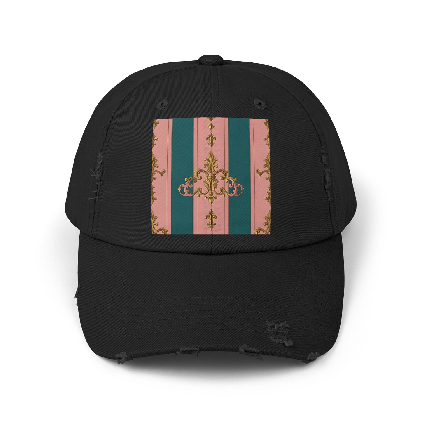 Chic Vintage Distressed Cap, Trendy Unisex Baseball Hat, Fashionable Everyday Wear - Pink & Teal Striped Gold Baroque