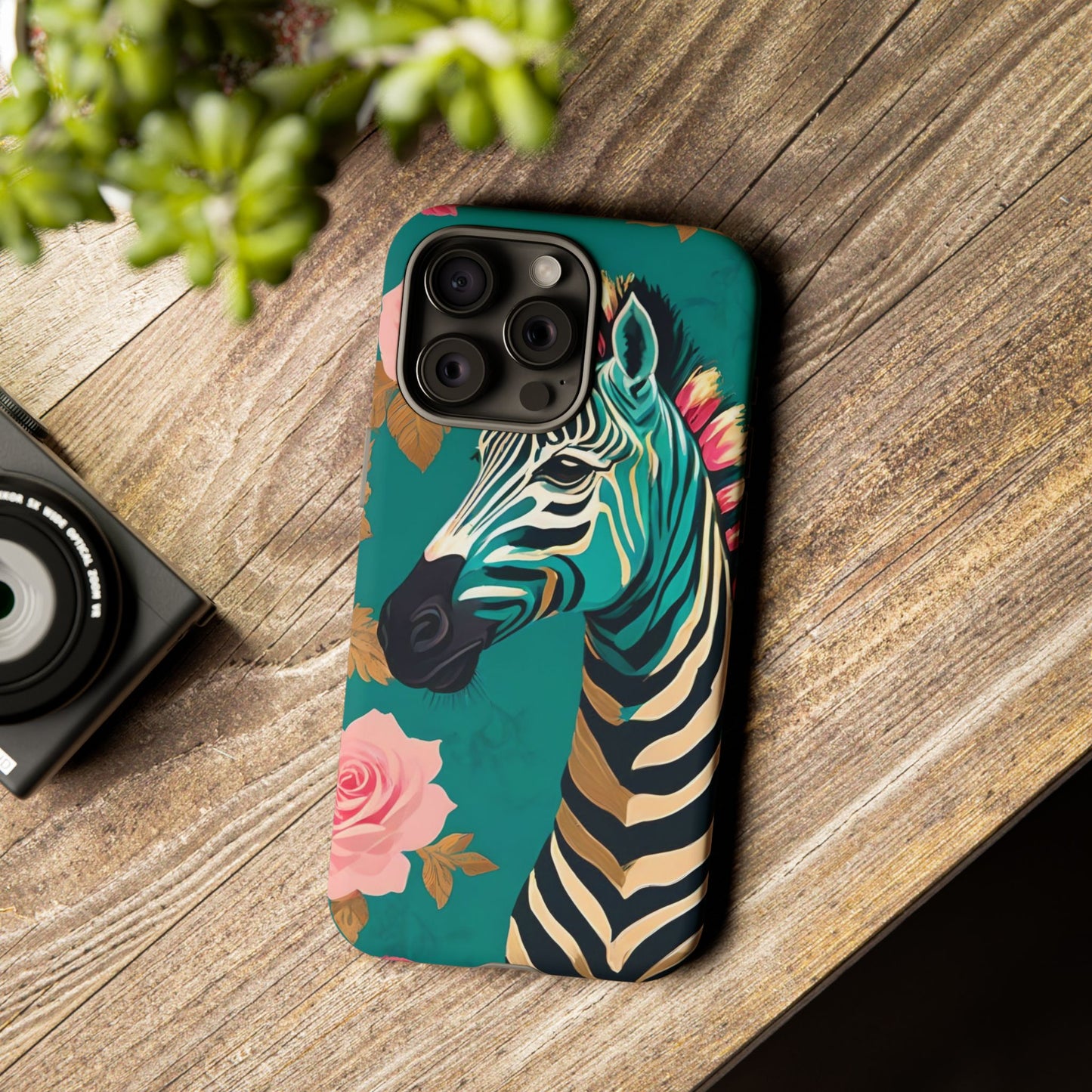 Phone Case - Elegant Teal & Gold Zebra & Roses Design