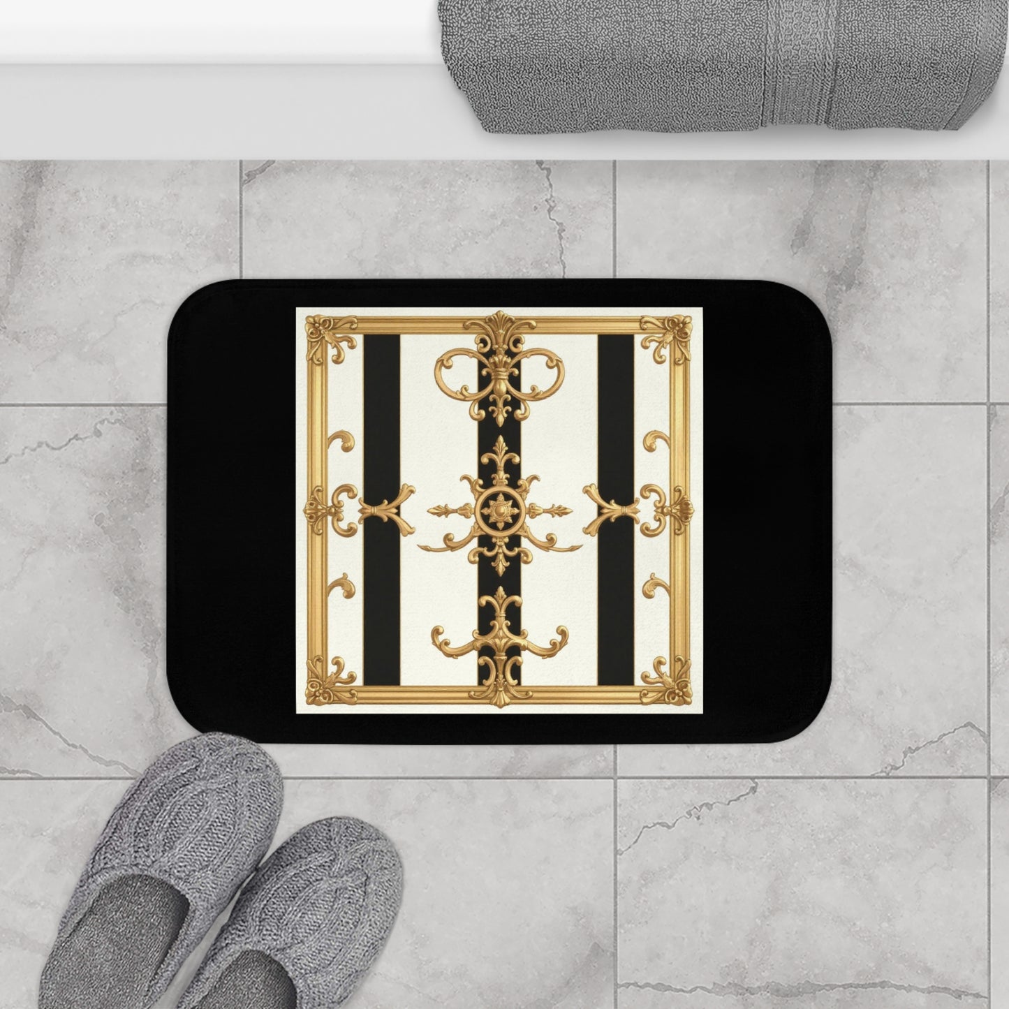 Elegant Gold and Black Bath Mat, Luxurious Bathroom Decor, Chic Home Accent, Gift for Housewarming - Black & White Striped Gold Baroque